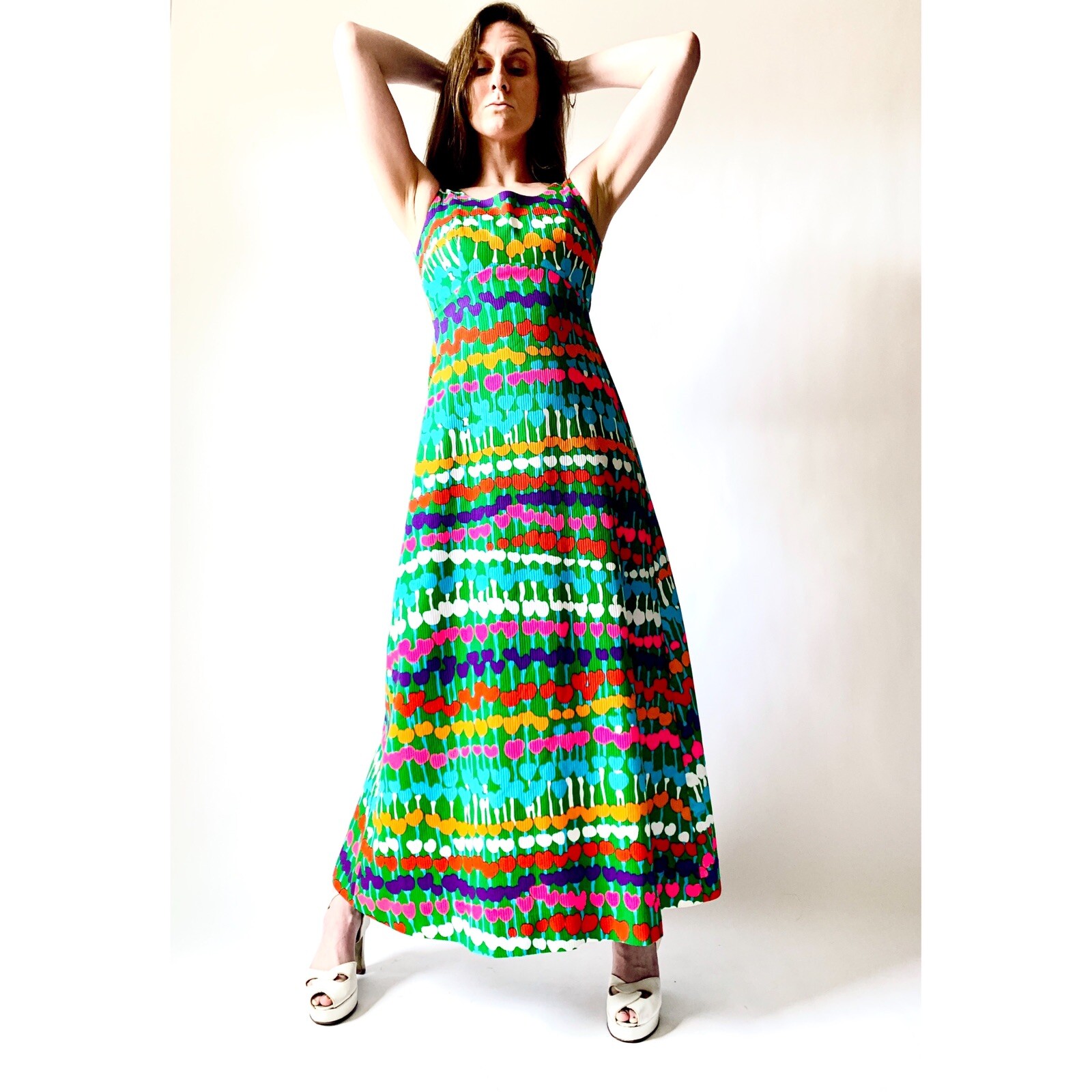 1960s 70s Hawaiian Kahala floral cotton empire waist maxi dress xs s