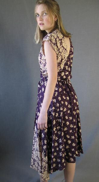 70s Vtg 30s Style Dress Garden Party Purple Romantic Floral Print Wrapped Bodice