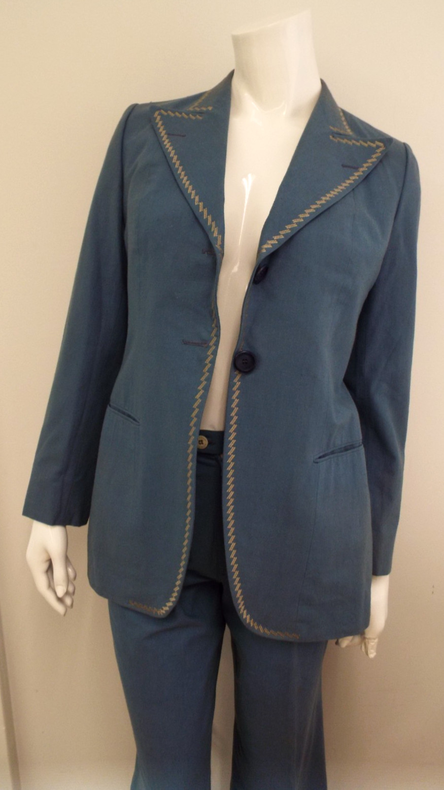 Vintage 1970s De Noyer Blue Cotton Womens Pant Suit 36 James Borynack France