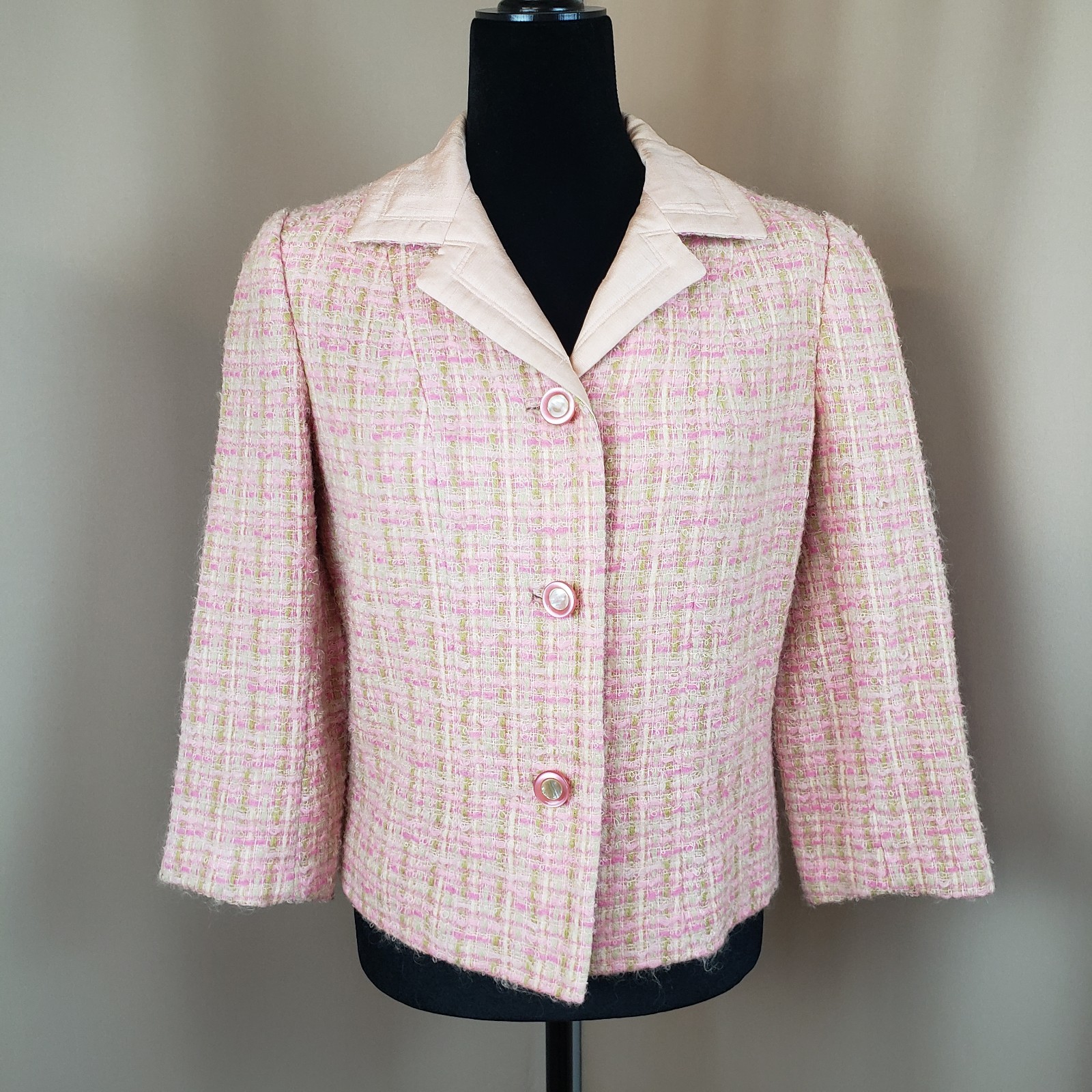 1960s Tweed Jacket S 4/6 Short Pink Wool Blend 3/4 Sleeve Jackie Kennedy VTG