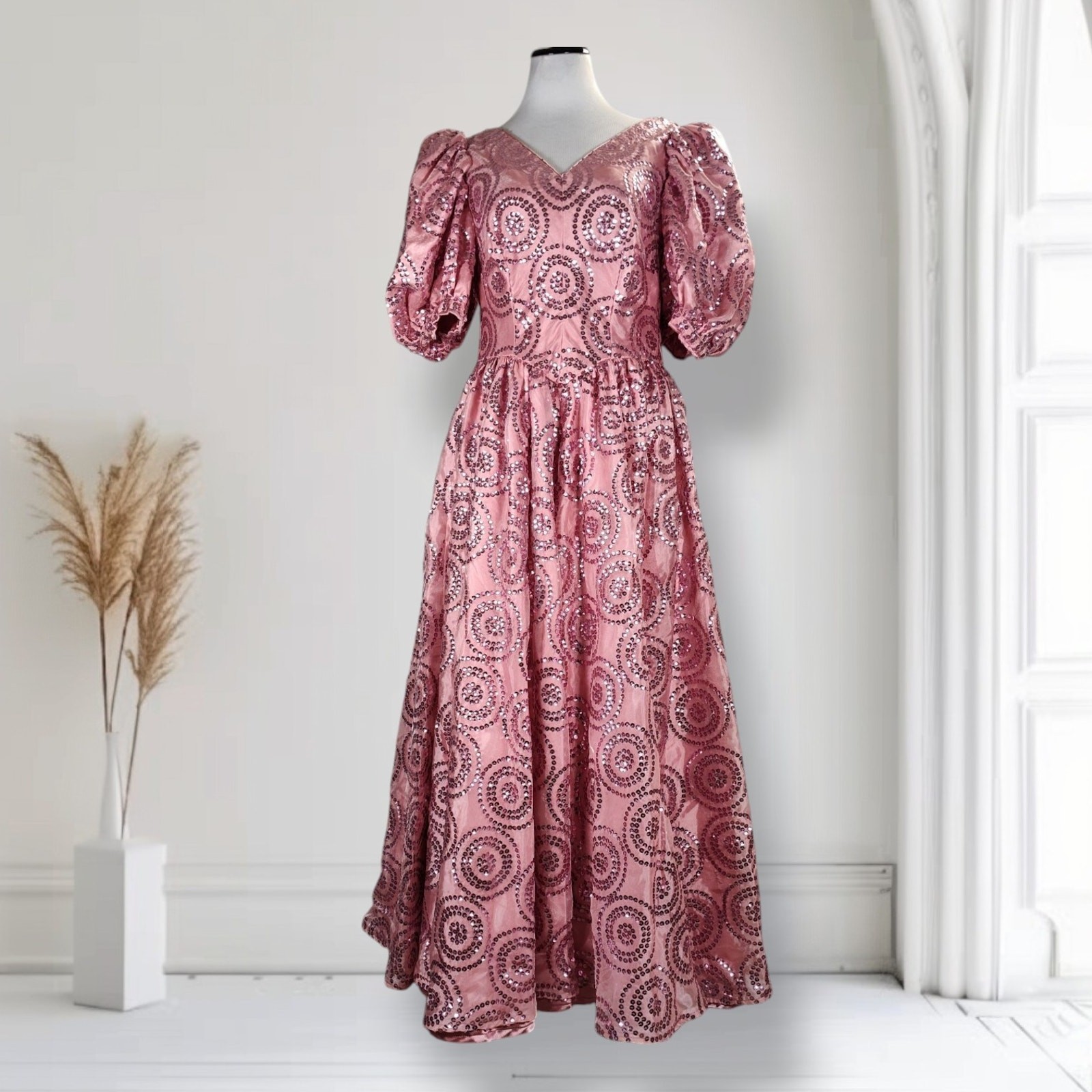 Vintage 80s Pink Sequin Formal Dress Size 12 Puff Sleeve Basque Waist