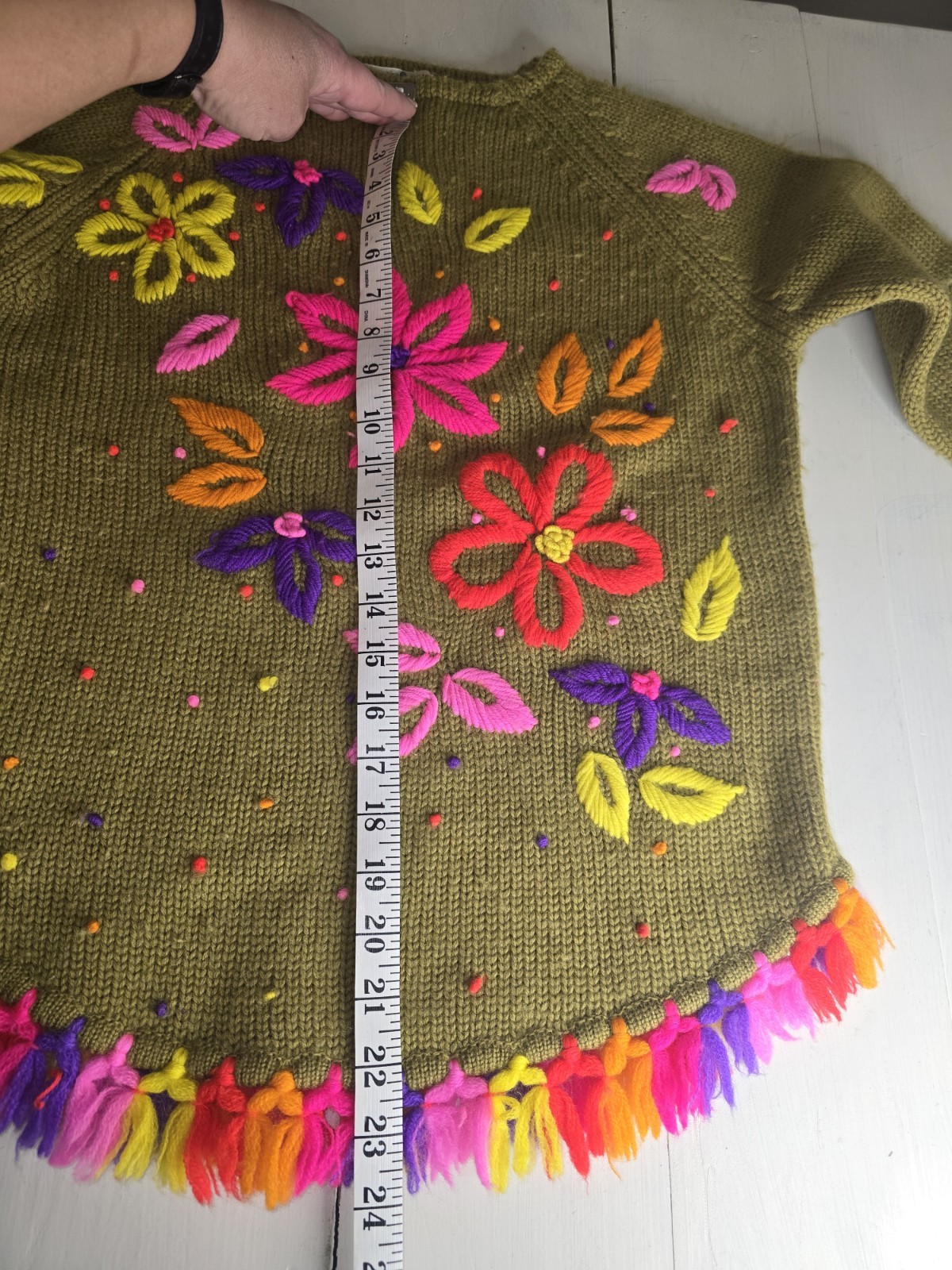 Vintage Phil Rose Pantsweater Floral Green 100% Wool Fringe