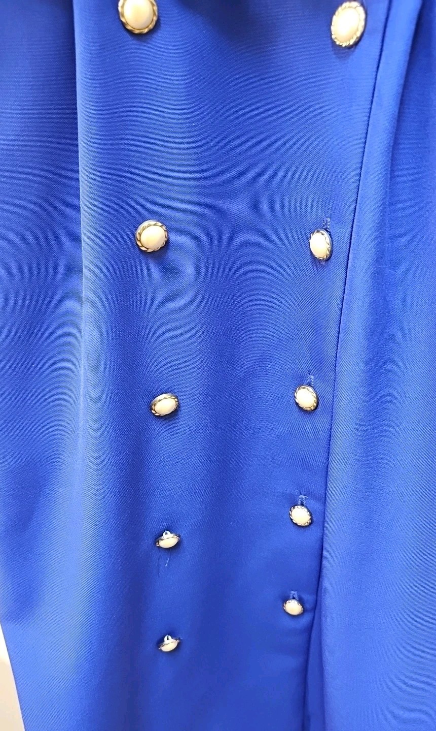 Vtg Miss Dorby Blue & White Double Breasted Belted Blazer Dress 12 P USA ILGWU