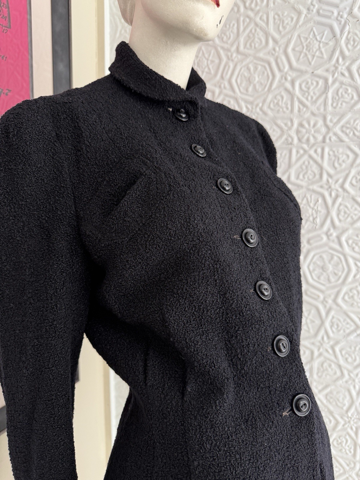 Vintage 1940s women’s black wool boucle jacket-Tailored gothic vamp Antique Fall