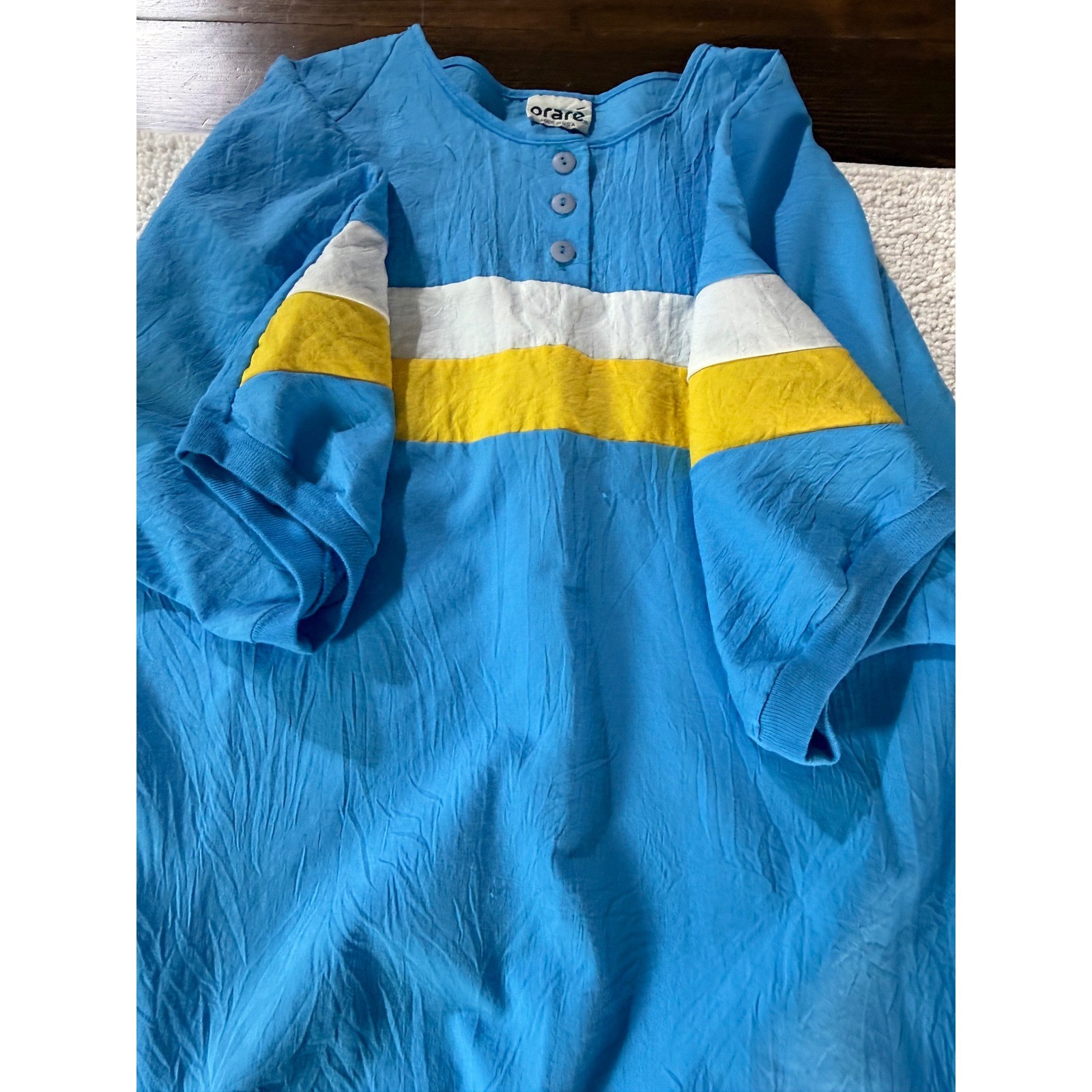 Orare Vintage Henley Top Blue Yellow White Striped Short Sleeve Made in USA