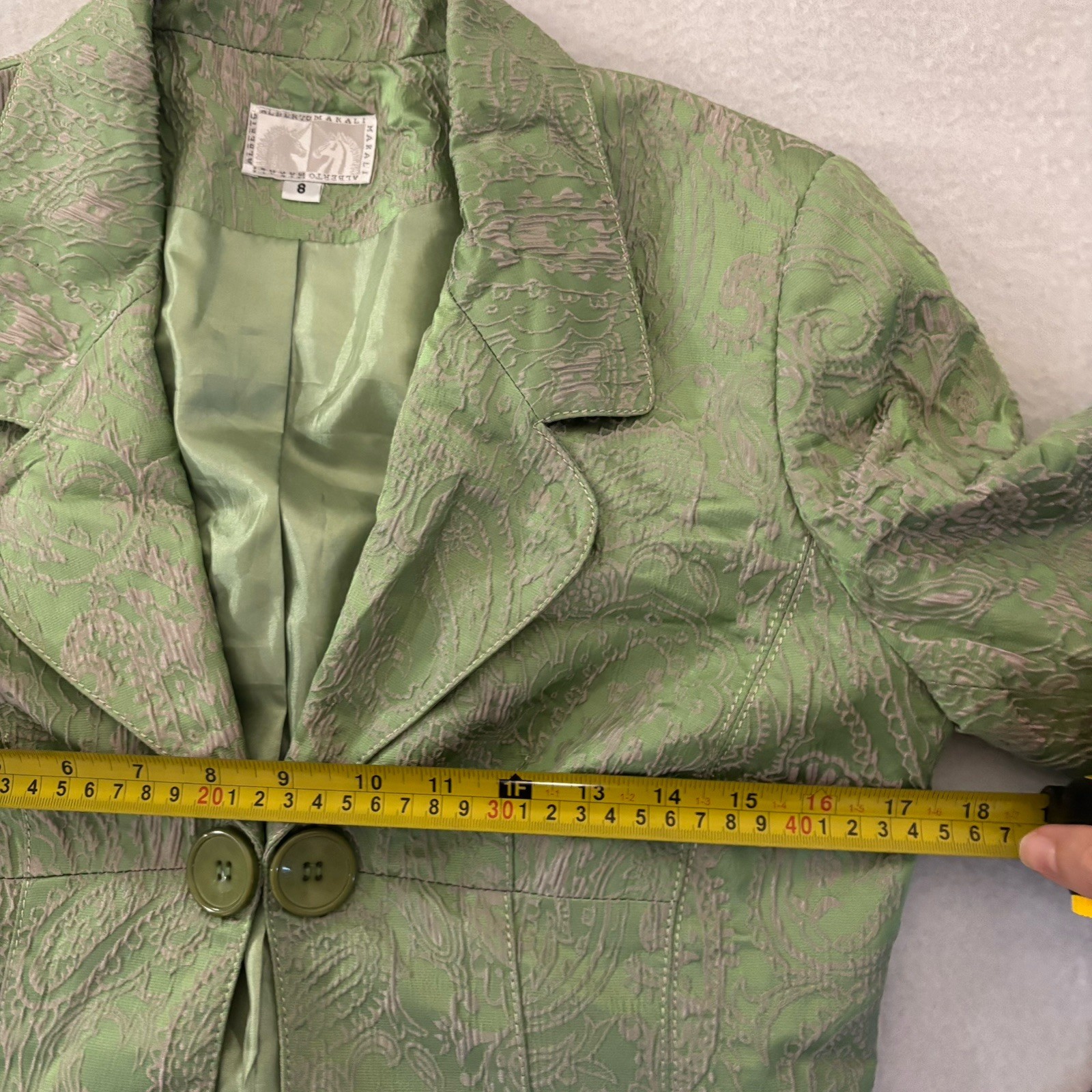 Alberto Makali Blazer Jacket Women’s 8 Paisley Green White 2 Buttons Short Silk