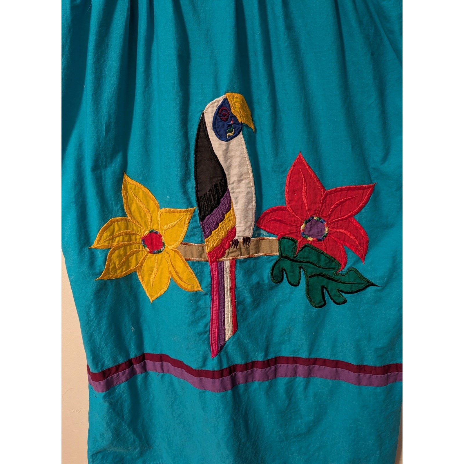 Vintage Panama Guna Mola Dress Hand Stitched Reverse Applique Bird Boho Folk Art