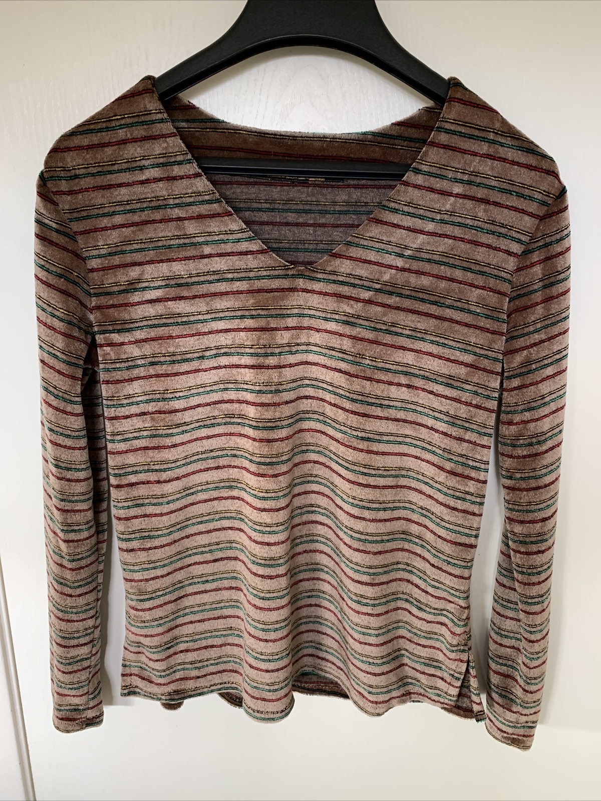 Knit Vintage 1970’s Multi Color Brown Striped V Neck Sweater Shirt Women’s Sz L