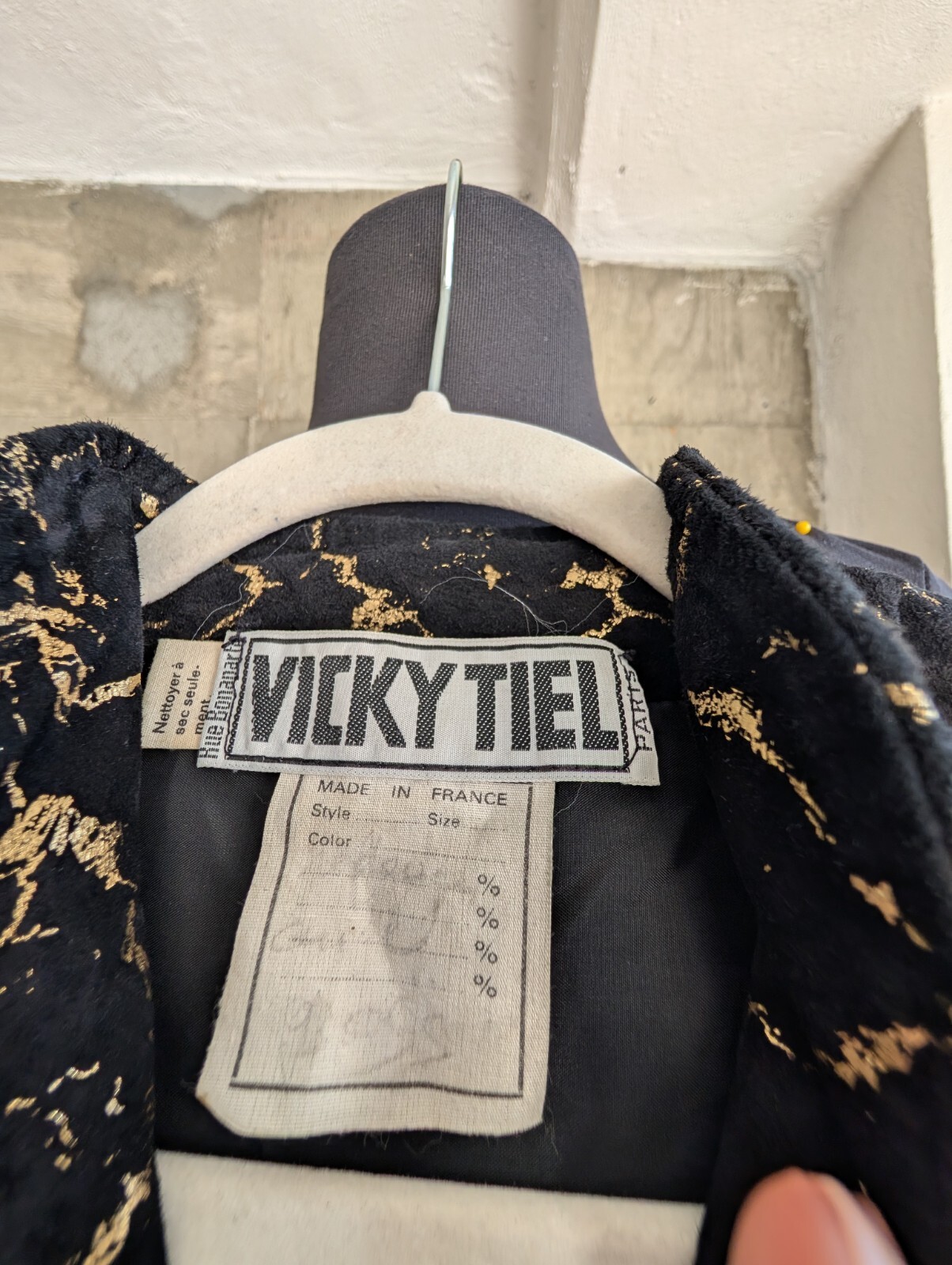 Vintage Vicky Tiel Black and Metallic Gold Suede Long Sleeve Jumpsuit France-XS