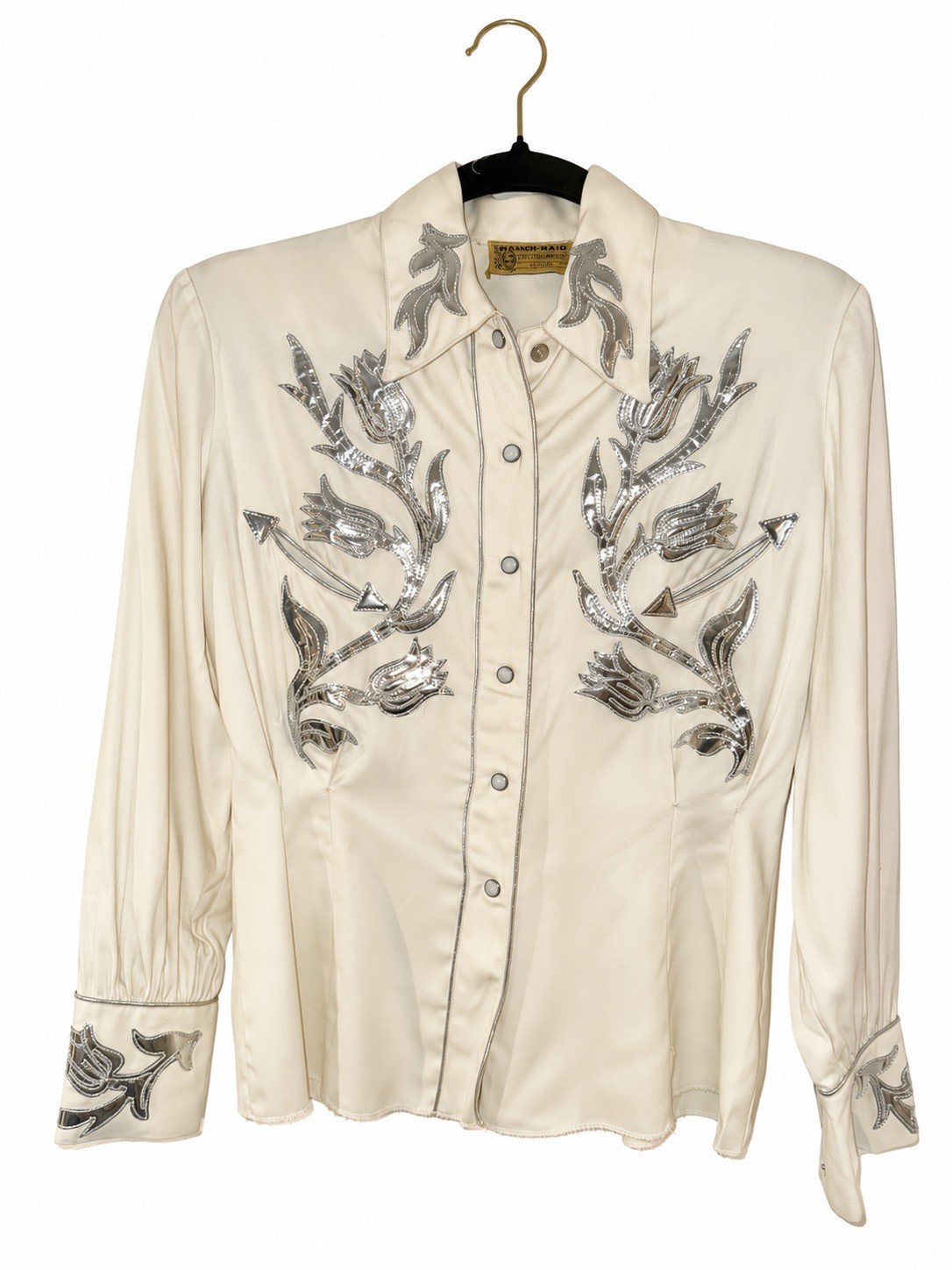 Rare Vintage Ranch-Maid Western Wear Pearl Snap Blouse Ivory Silver Appliqué