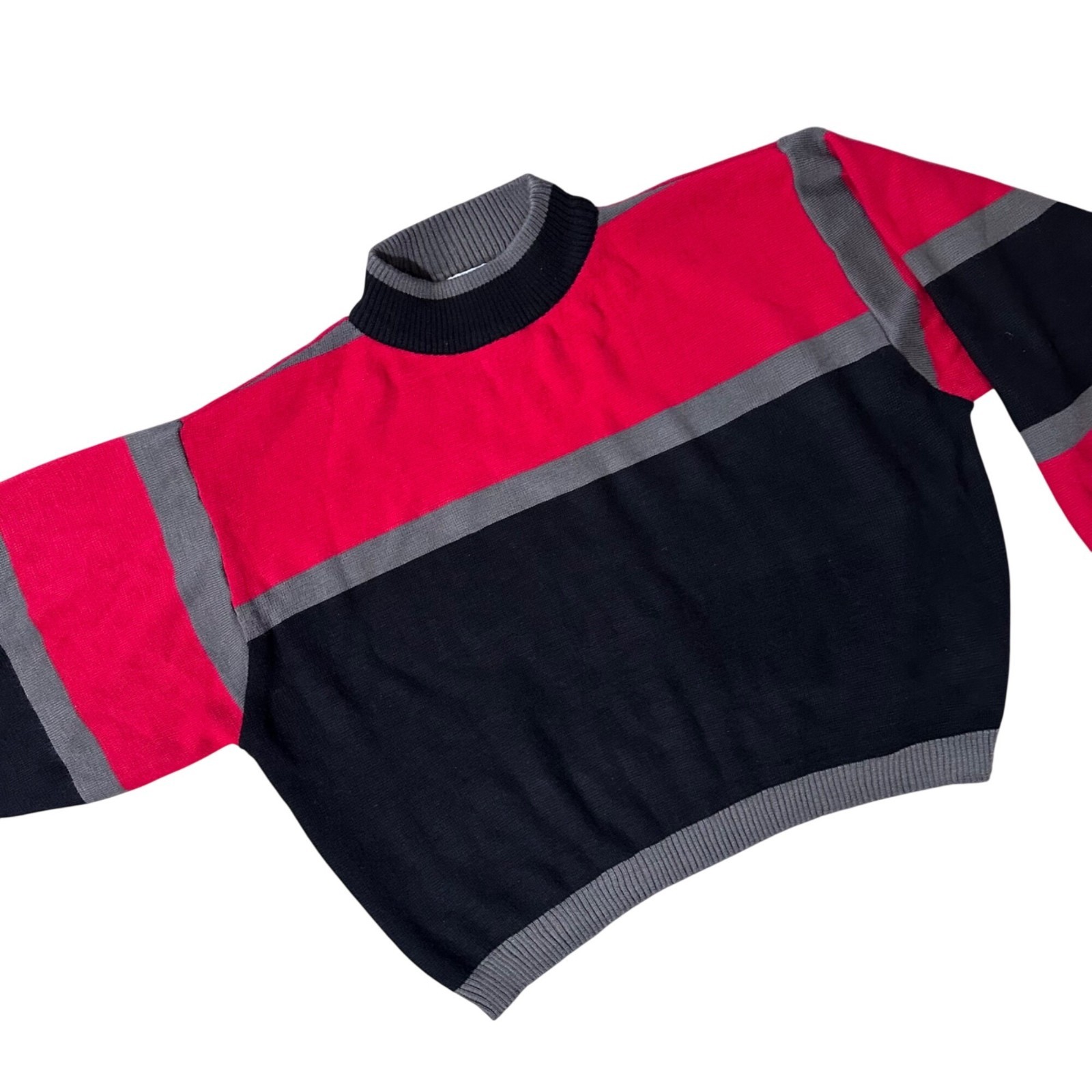 Vintage Colorblock Sweater Large Red Black Gray Acrylic Retro Hollywood Vine 80s