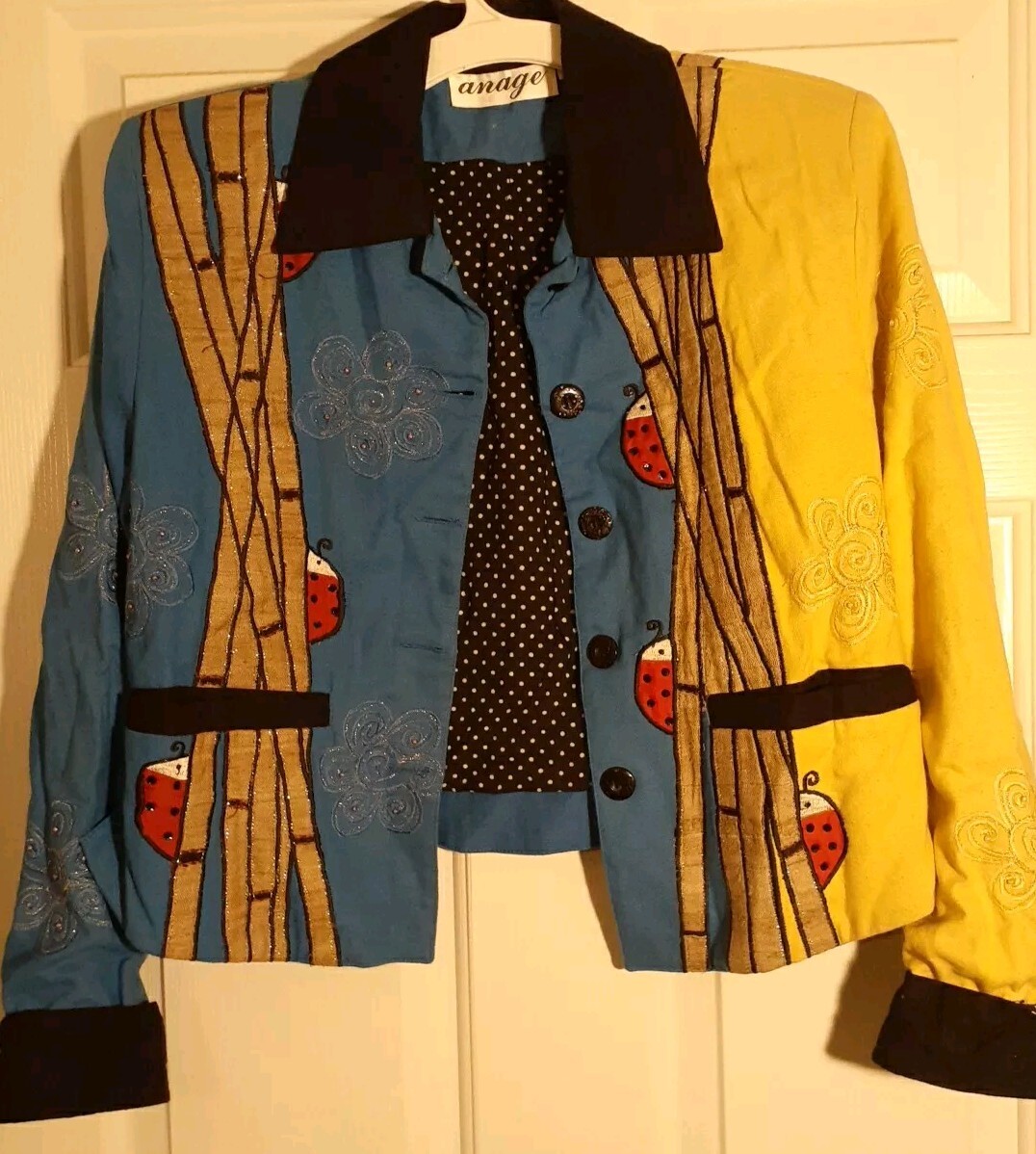 Vtg Anage Boxy Jacket Embroidered Wearable Art Small Black Blue Yellow Ladybug