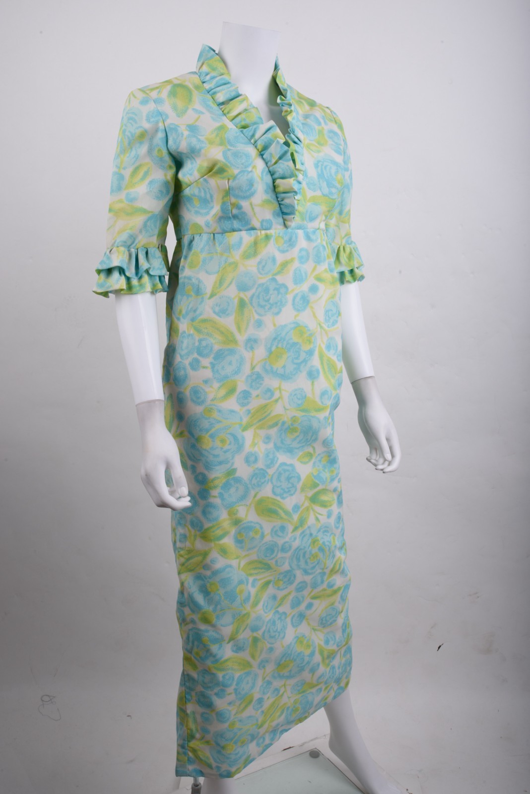 Vintage Womans Gown Midi Dress S Aqua Green Floral Empire Waist Ruffle Hawaiian