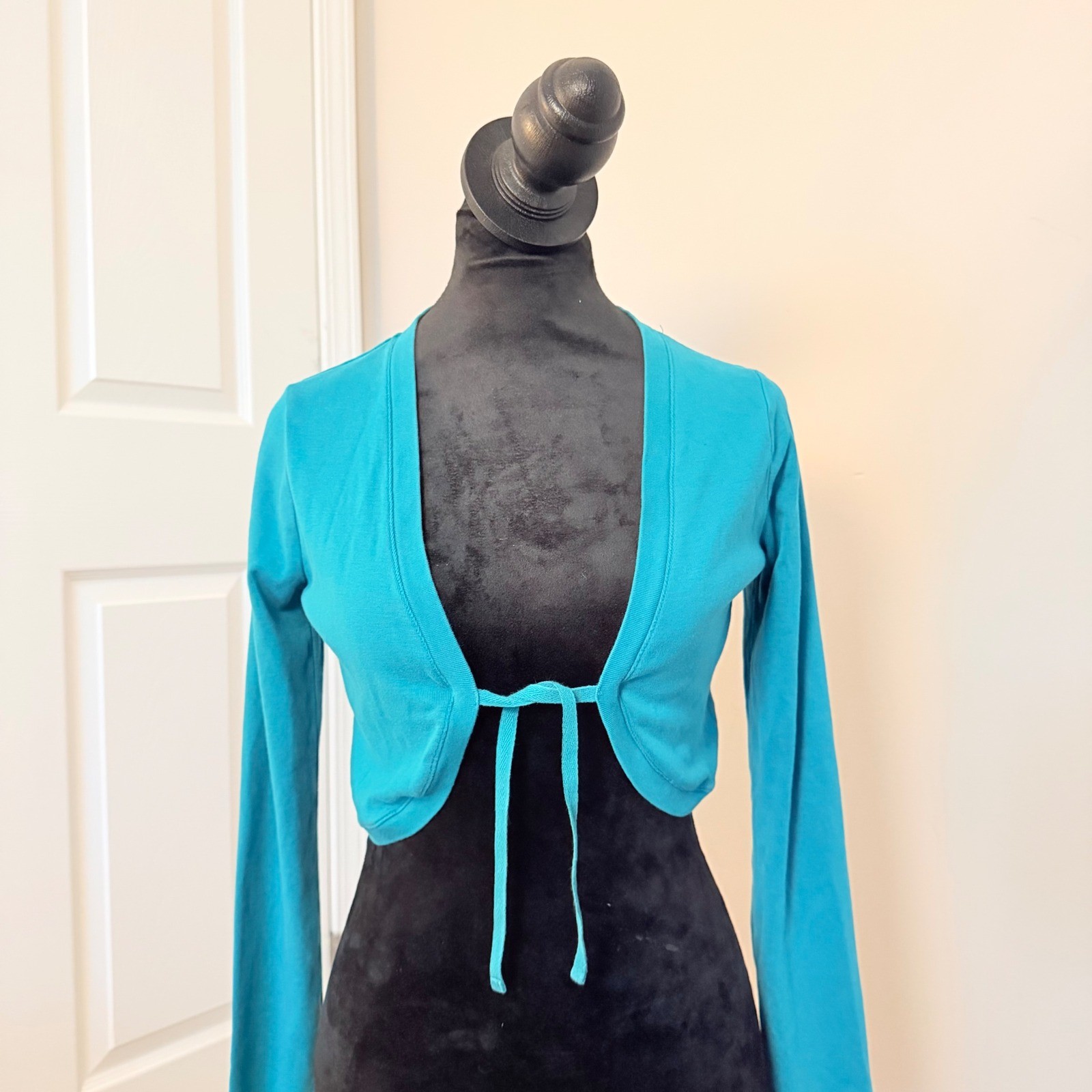 Vintage TRF Tshirt Co Teal Babydoll Half Cropped Sweater Tie Front Y2K SZ M