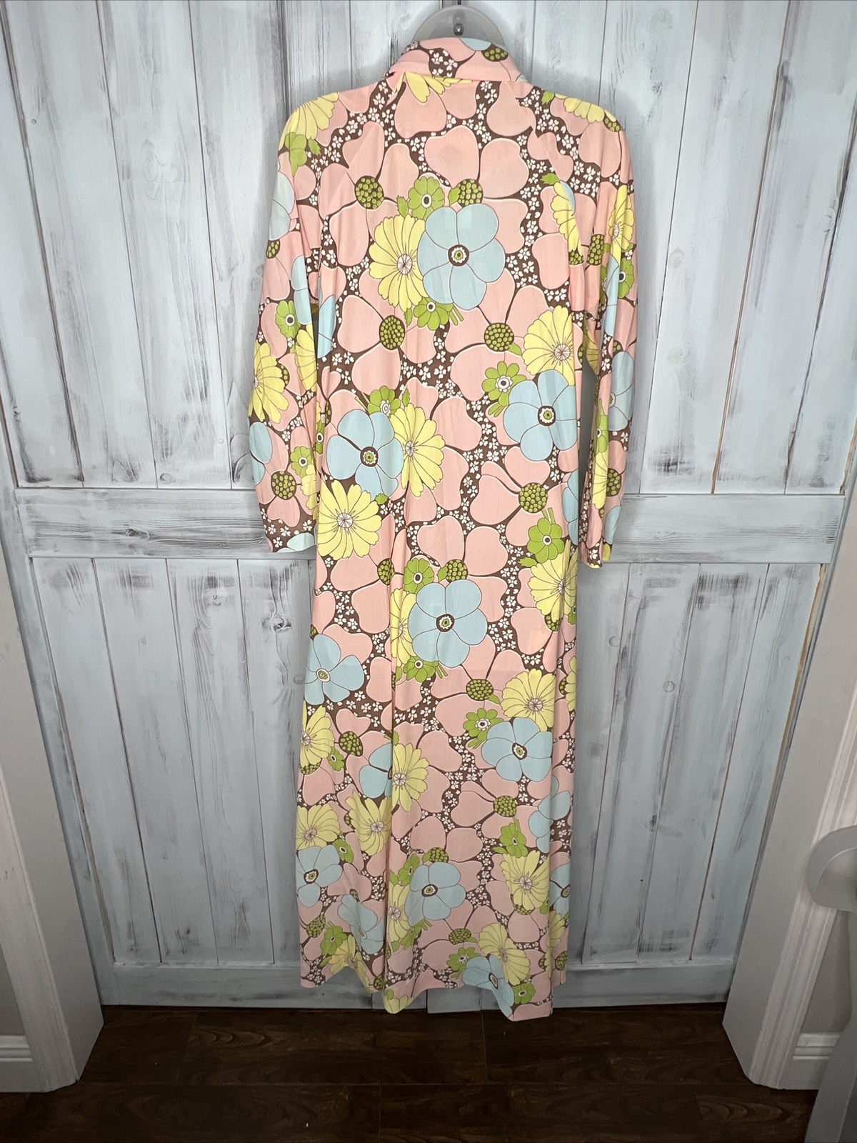 Vintage Leonora Retro Floral 100% Nylon Half Zip Robe Pocket Long Sleeve USA S