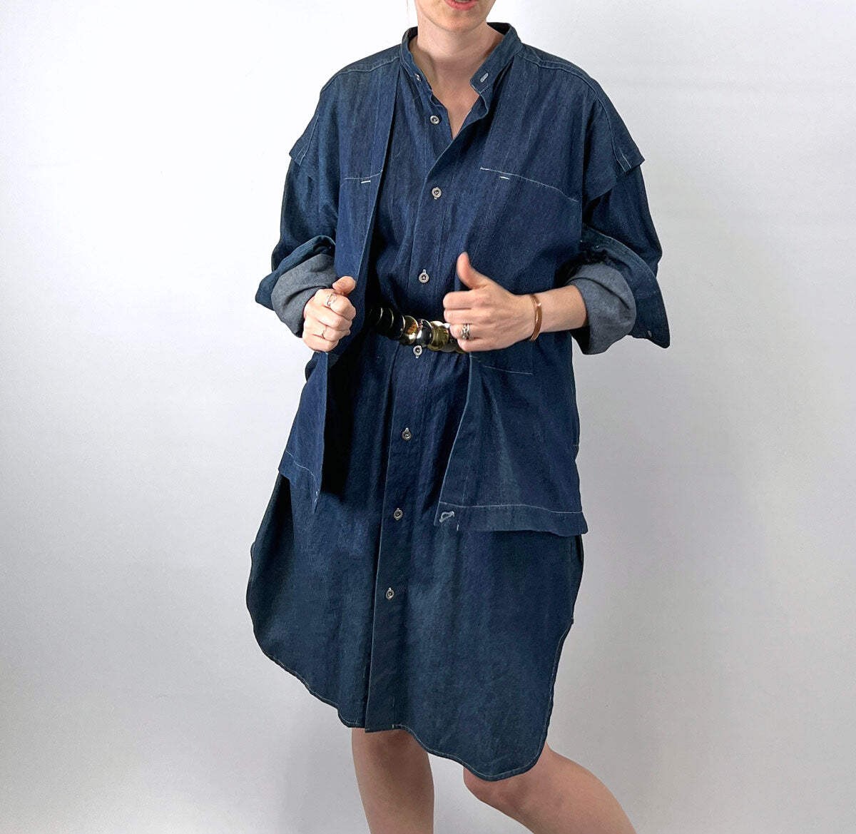 80s 90s Indigo Denim Coat Dress Issey Miyake Plantation OSFM Avant Garde