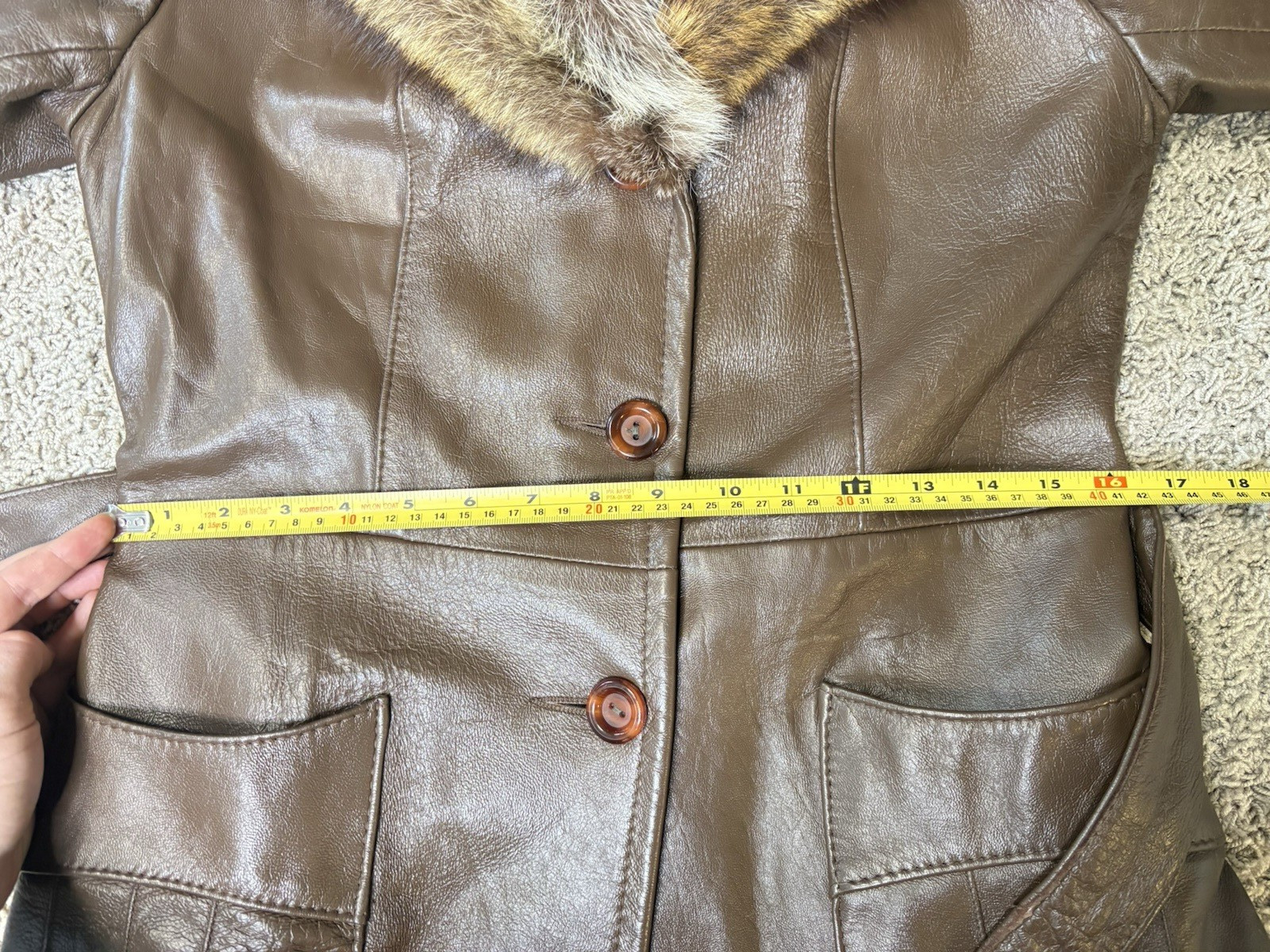 70s Womens S Raccoon Fur Brown Leather Peter Caruso Belted Jacket Coat Vintage