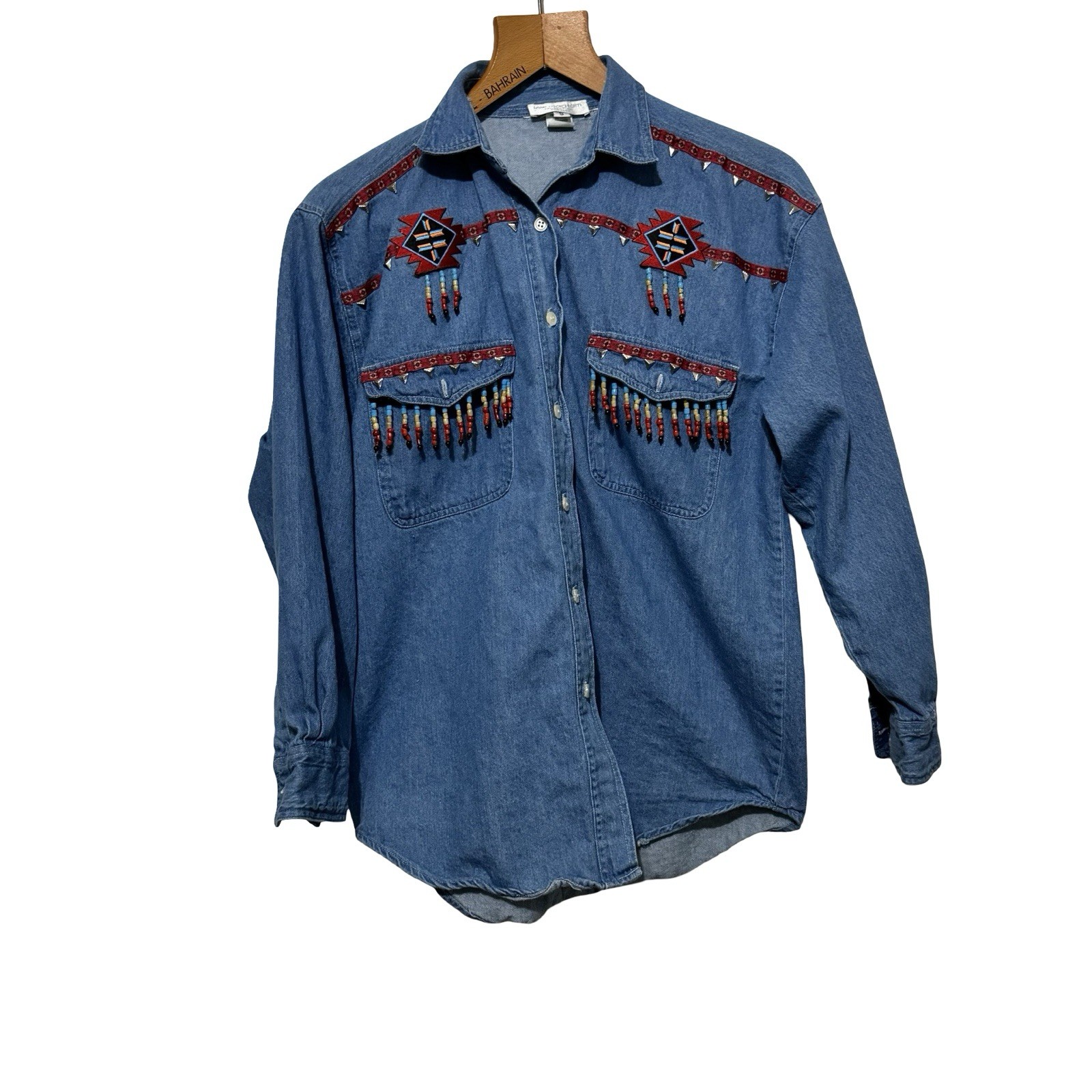 Vintage Lew Magram Southwestern Beaded Denim Shirt Western size Small Rodeo