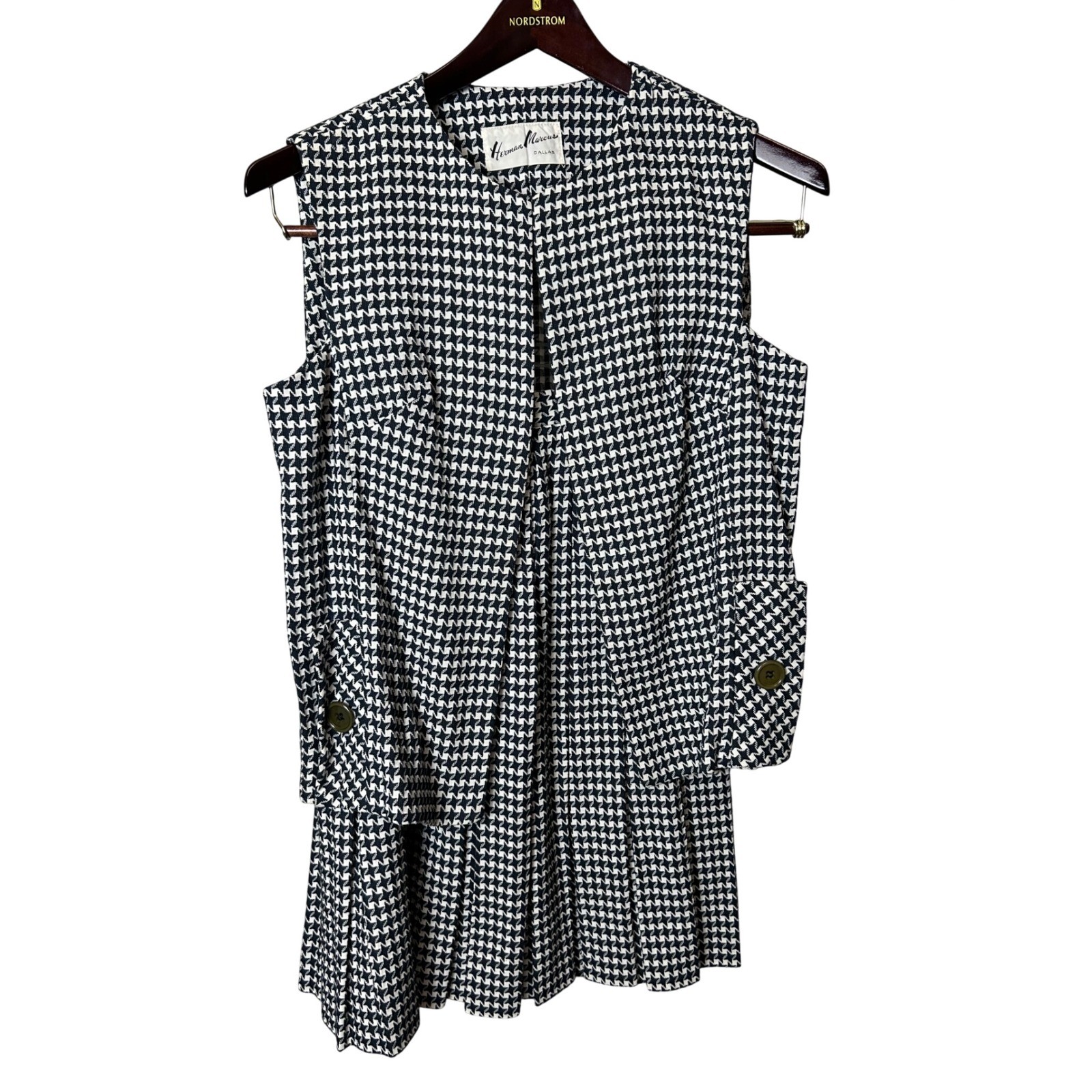 Vintage Herman Marcus Black White Houndstooth Vest and Pleated Skirt Set Size 12