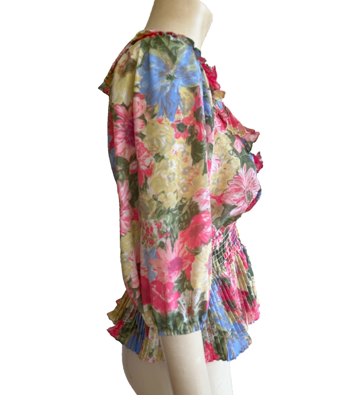 VTG SUSAN TUDOR Top Floral Pastel Pleated Ruffled 80’s Blouse USA Size XS