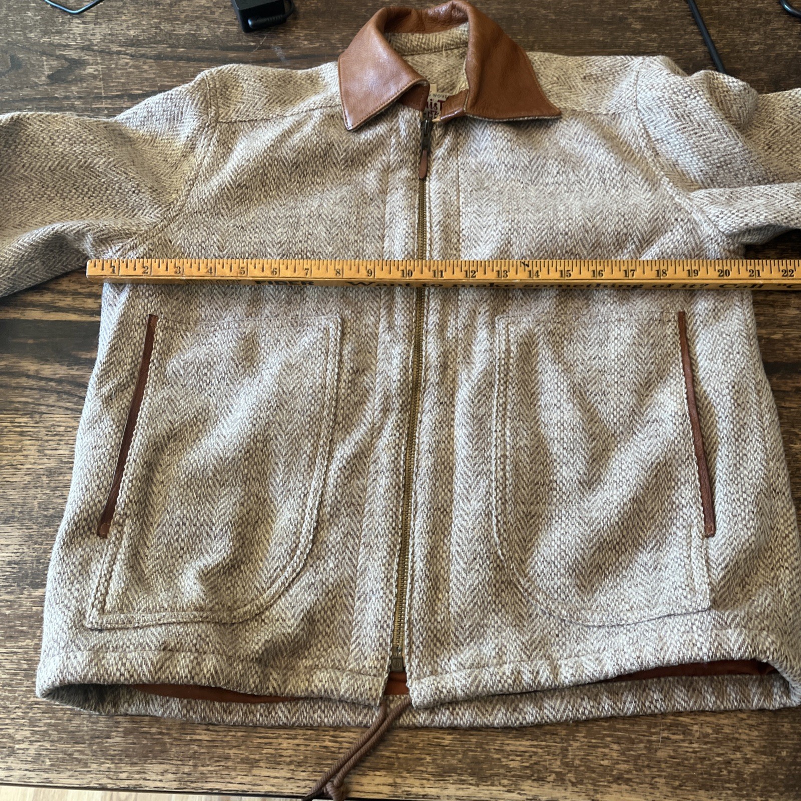 Vtg Harris Tweed Wool Jacket Size S Brown Leather Elbow Patch & Collar Zip READ