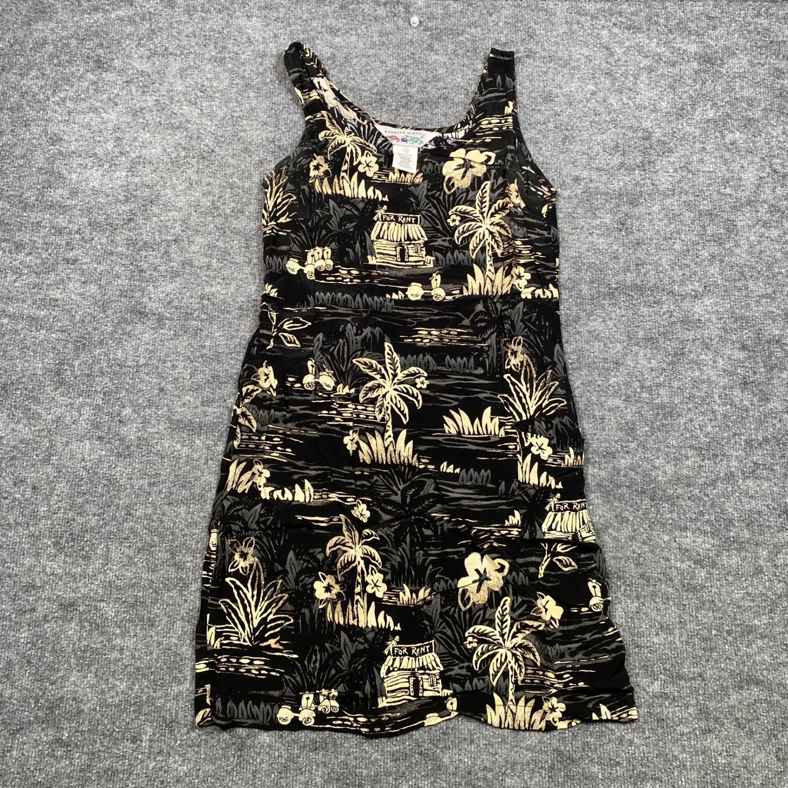 Weekend Traffic Vintage 90s Tropical Island Print Rayon Shift Dress Black XS