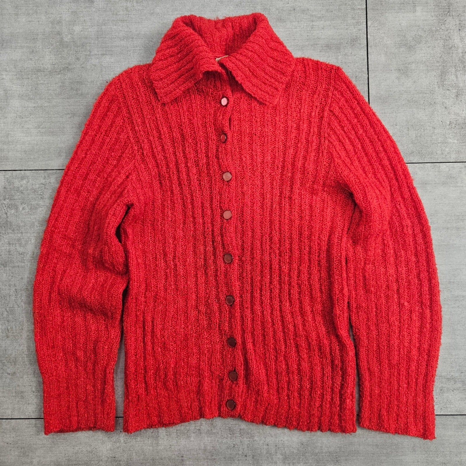 Vintage 50s Designer’s Original Red Mohair Wool Knit Button Cardigan Sweater