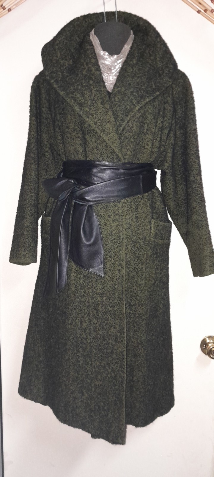 Vtg 50s 60s Green Tweed Knob Black Flecked Swing Opera Wool Shawl Collar Coat M
