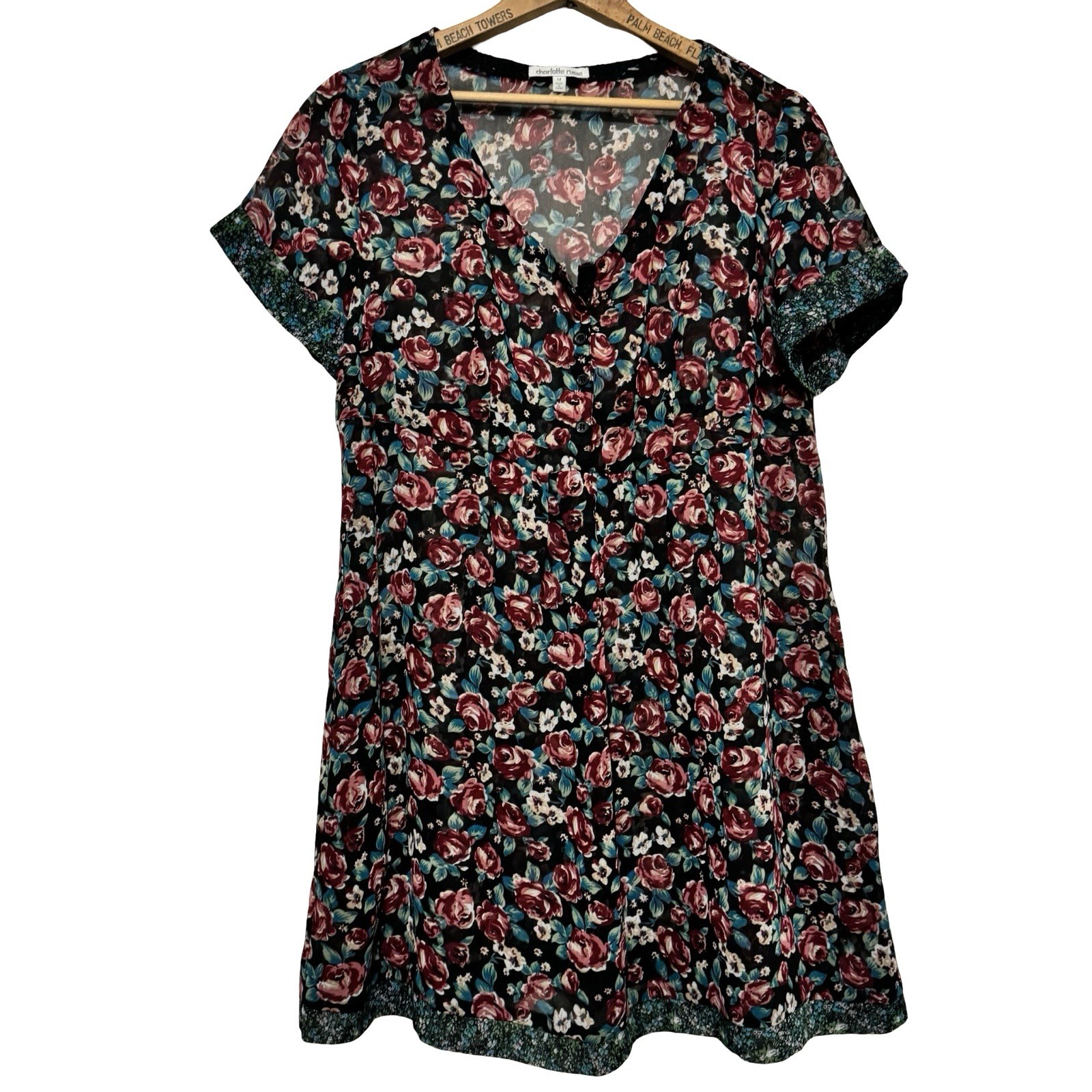 Vintage 90s Y2K Charlotte Russe Sheer floral mini dress size Medium baby doll