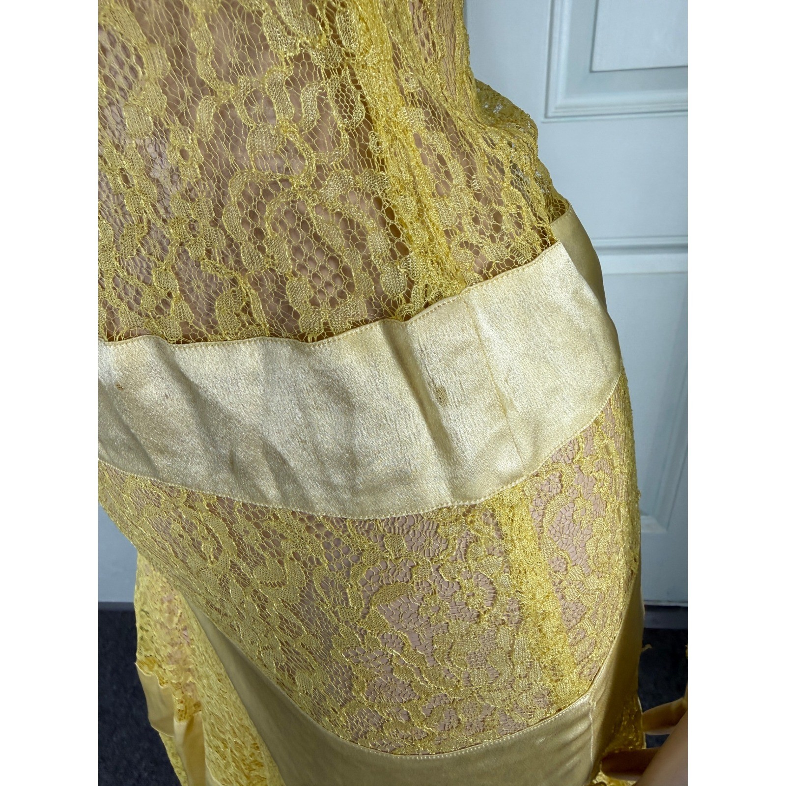 Vintage 1930s Silk Lace Dress Floral Sheer Maxi Long Sleeve Tiered Pullover N21