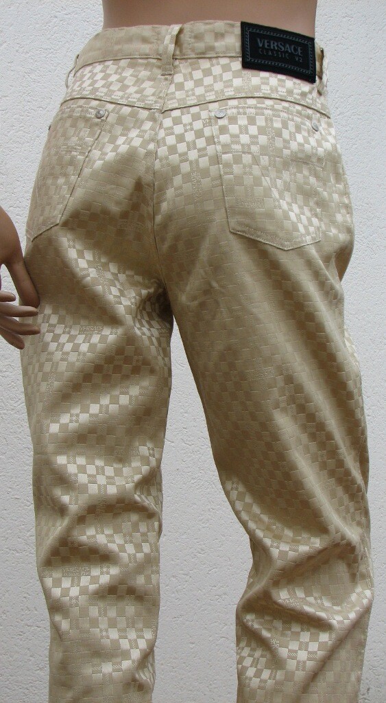 VERSACE CLASSIC V2 pantaloni donna vintage 5 tasche jeans beige oro vita alta