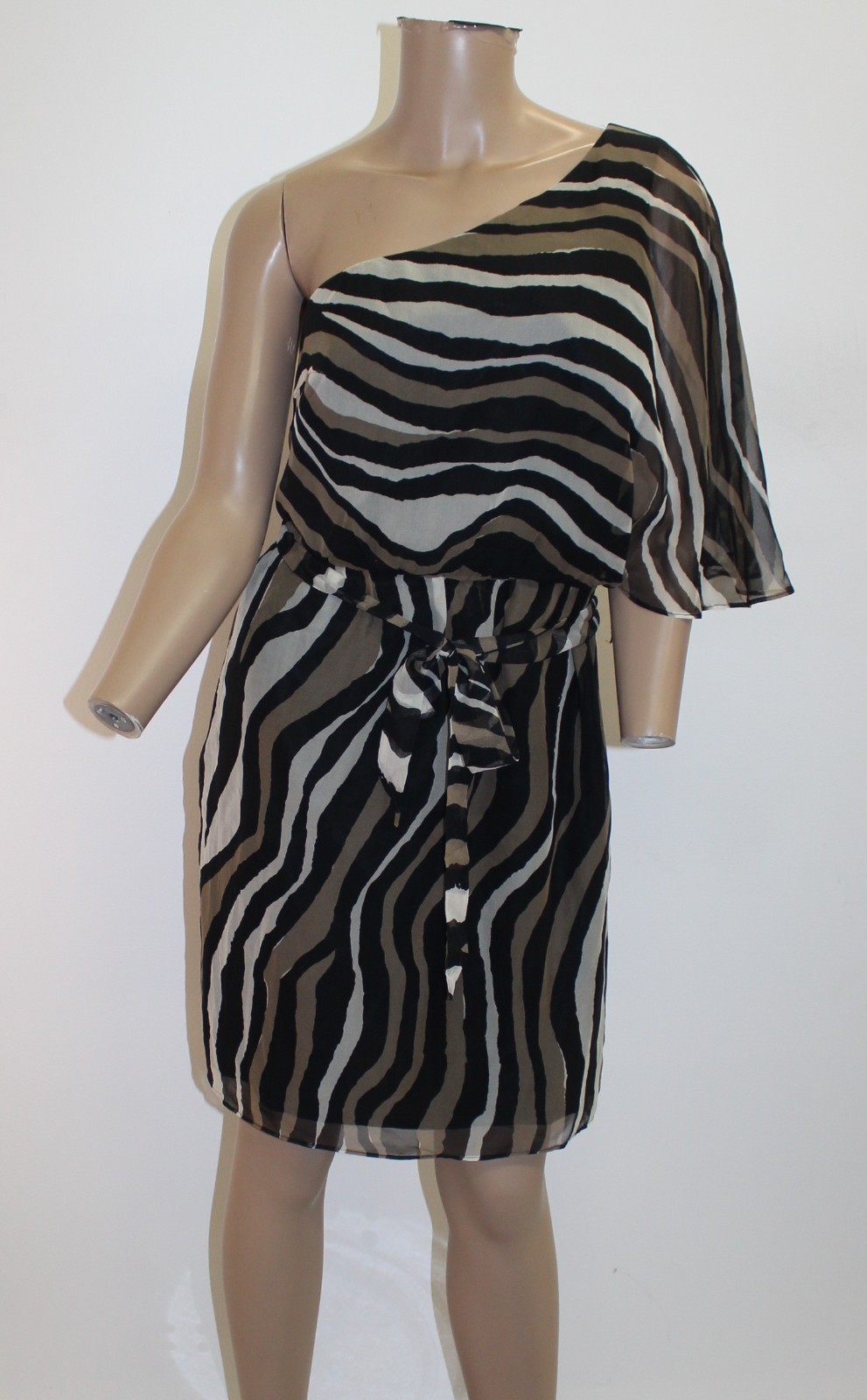 Trina Turk One-Shoulder Dress w Brown Black & Beige Zebra-Style Print Size 6