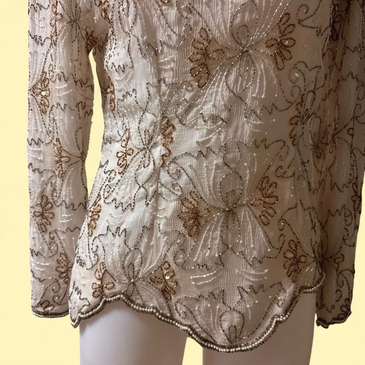 VTG Stunning Cream And Gold Beaded Blouse Size L Bridal Formal Cocktail