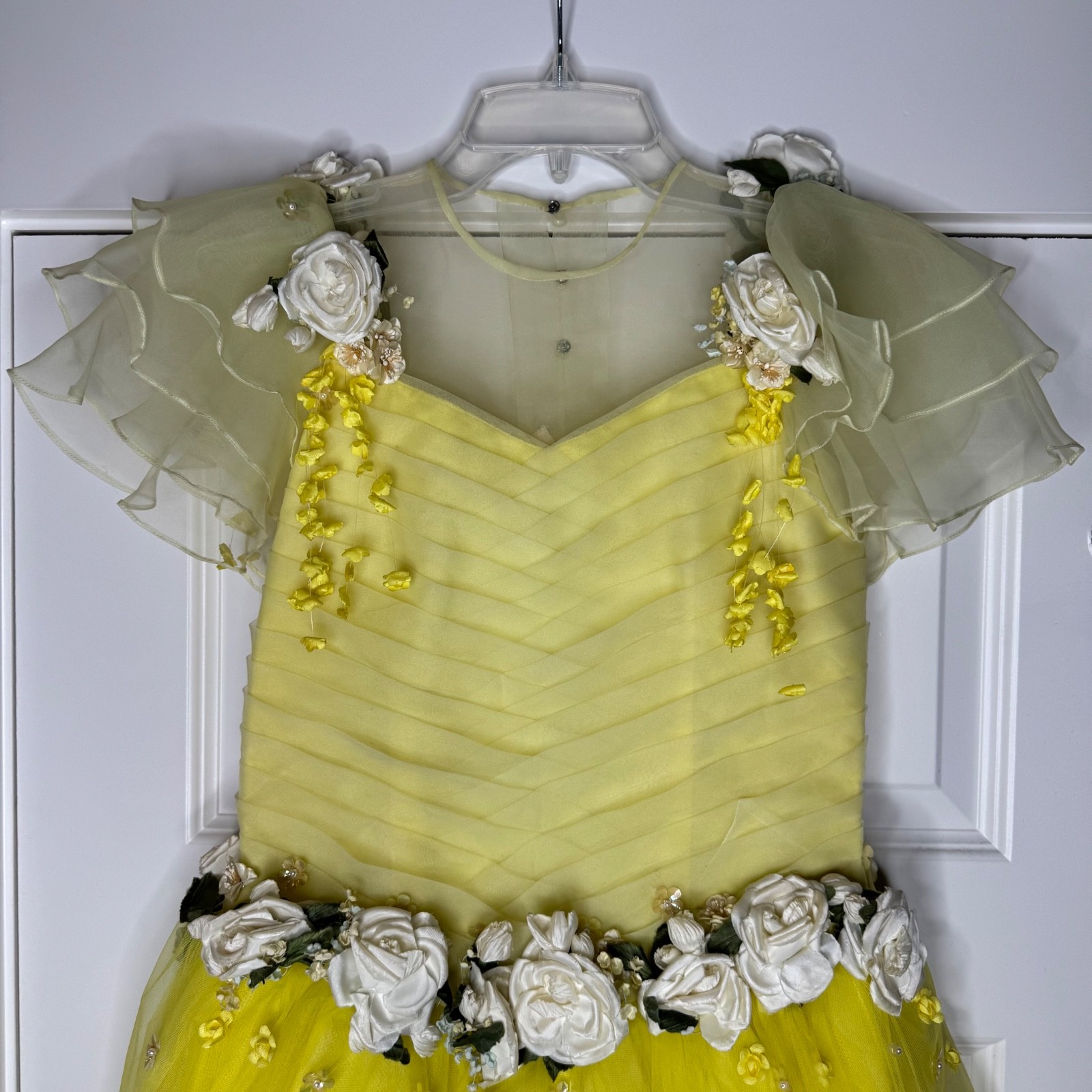 VTG 50s Tulle Gown Prom Dress Yellow Cupcake Illusion Neckline Cotillion XS