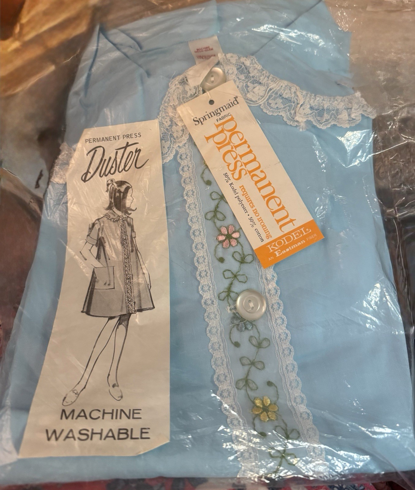 Vintage Springmaid Permanent Press Blue Lace Trim Duster- New In Package