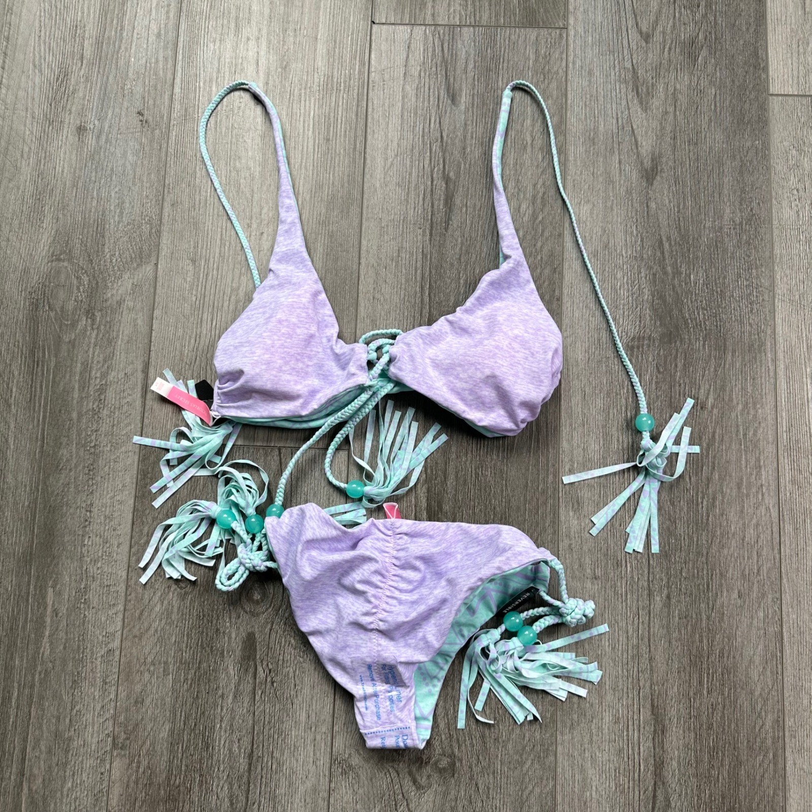 NWT VS Reversible Bikini Set Purple Mint Fringe Beads Top S Bottom XS