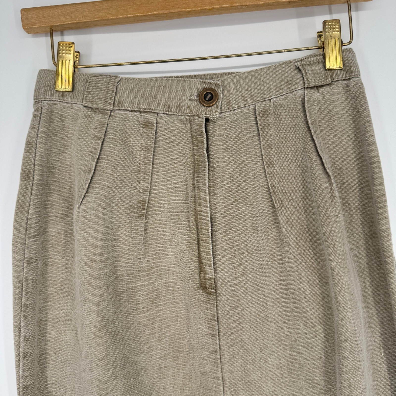 Vintage 90s High Waist Cotton Canvas Midi Skirt S Pleated Coastal Minimalist USA