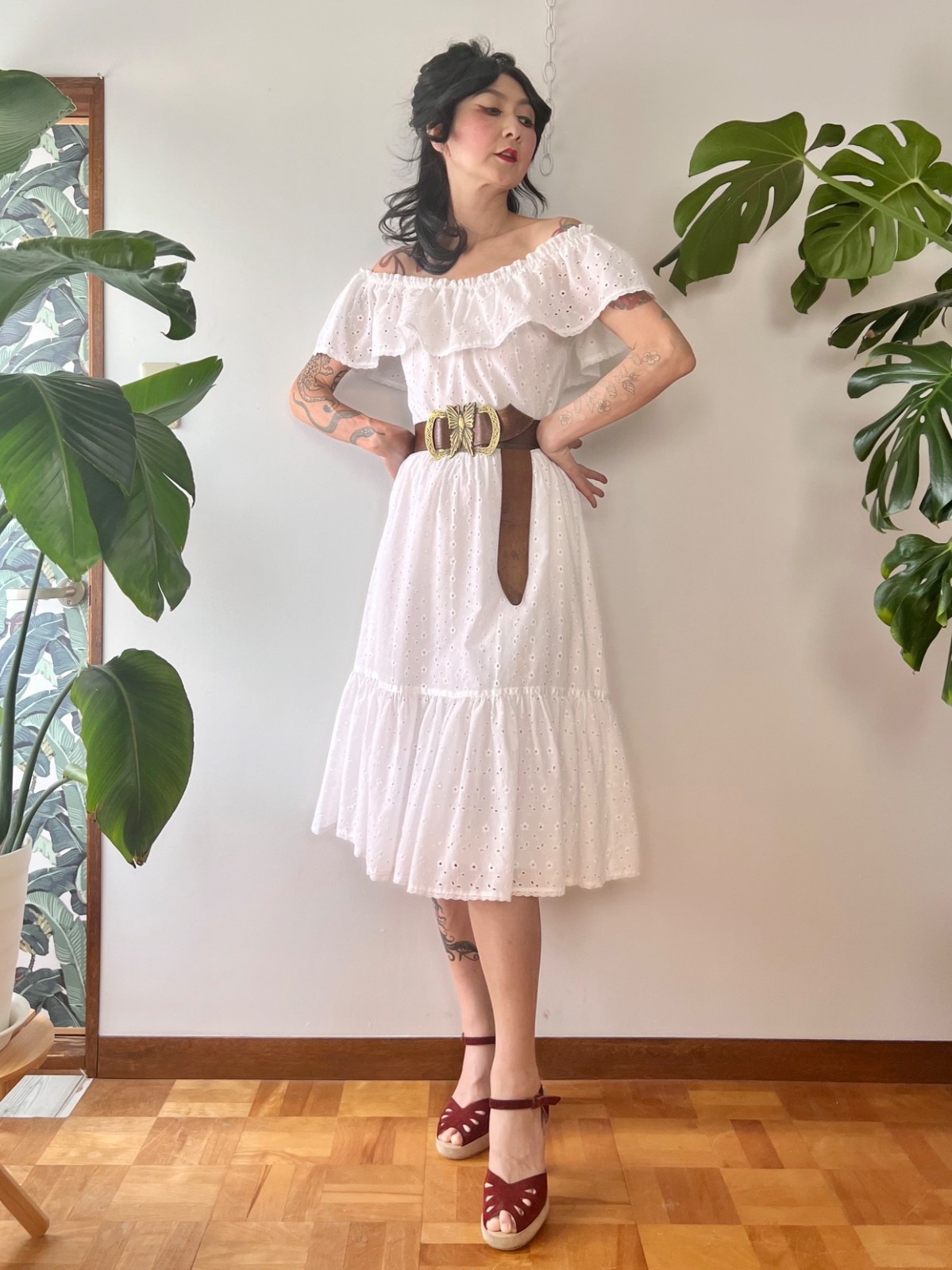 VTG 70s Lanz White Eyelet Lace Off Shoulder Ruffle Cotton Midi Prairie Dress S