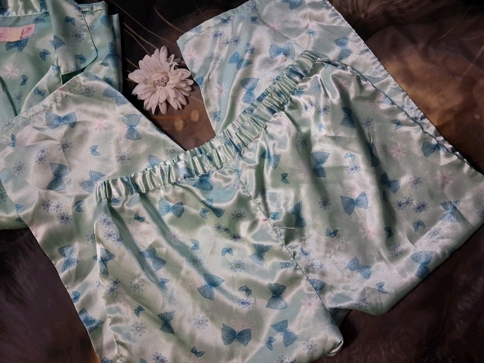 Vintage So Heavenly Pajama Set L Silky Satin Lace Butterfly Lingerie 90sY2K 2000