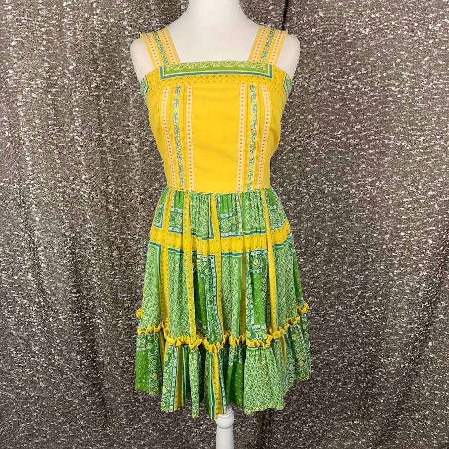 Vintage Handmade Patchwork Dress Ruffled Green/Yellow Boho Cottagecore Women’s