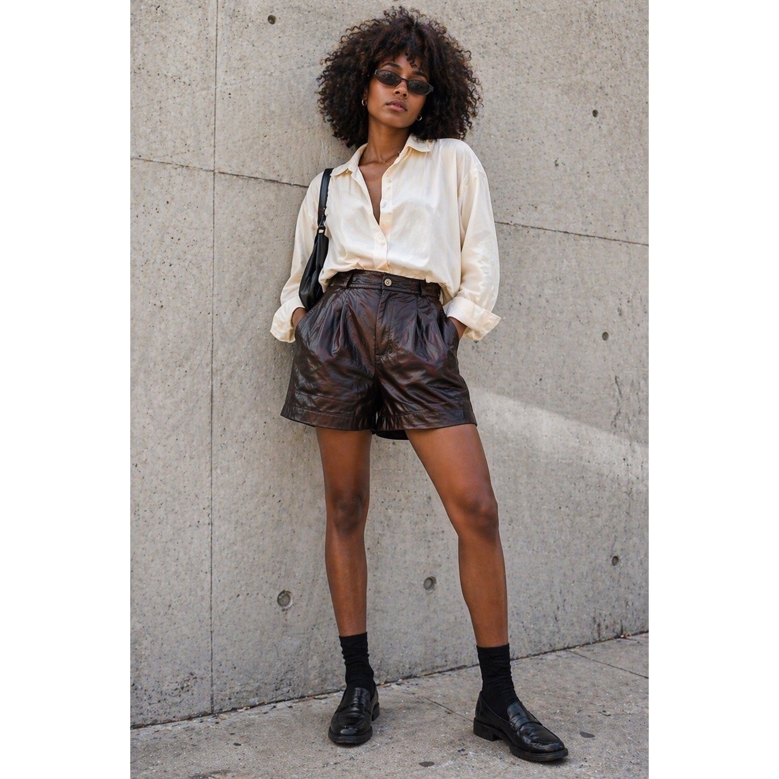 Vintage Dark Brown Genuine Leather High Waisted Pleated Shorts 14 90s minimalist