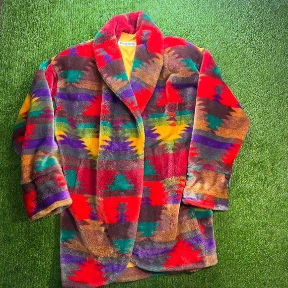 1980s Donnybrook Coat, Southwest Print Coat, Faux Fur Coat Vintage Ice Teddy XL
