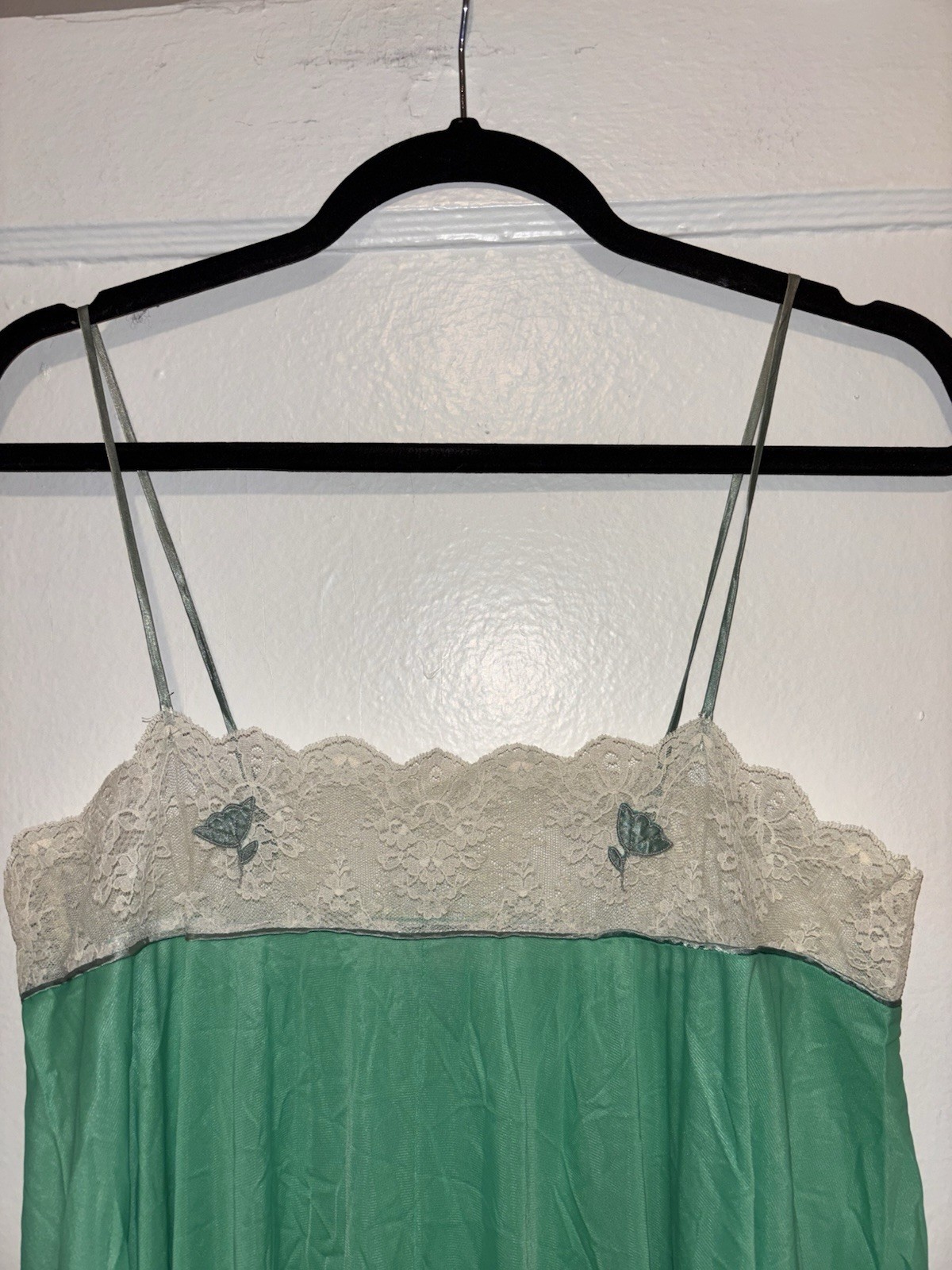 VTG 70s Claire Sandra By Lucie Ann Teal Lace Floral Maxi Nightgown Small Floral