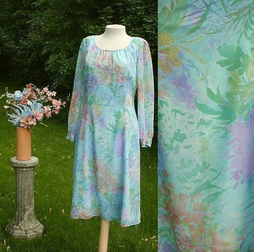 Vtg 60s POSH JAY ANDERSON Blue Watercolor Floral Organza DRESS Dressy Timeless M