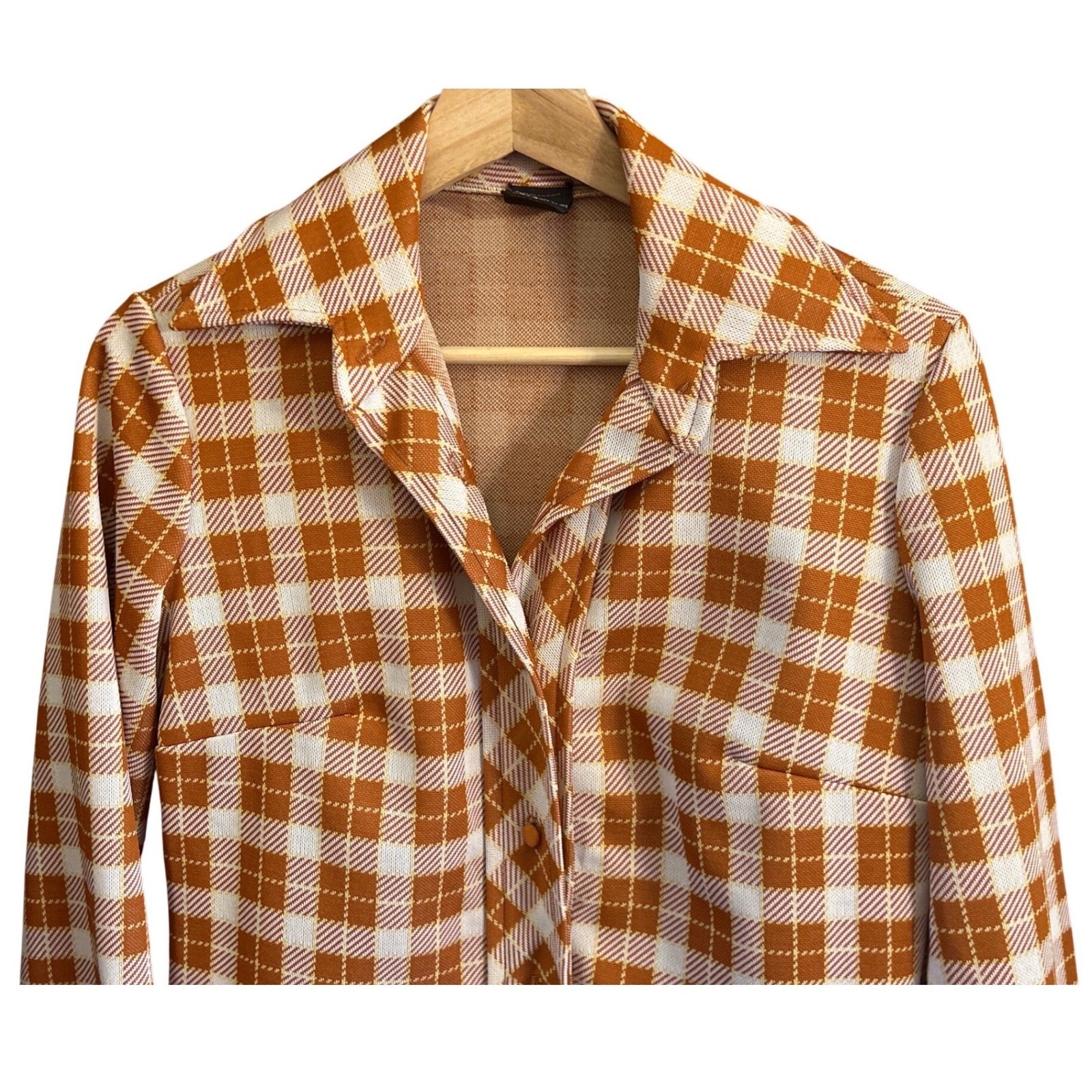 70s Stage 7 Plaid Button Up Shirt Disco Retro Mod Orange White Knit Top Size 8
