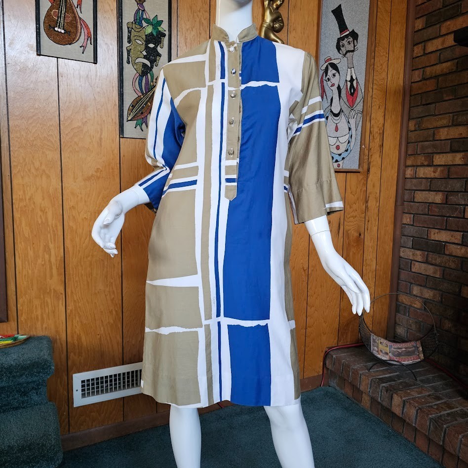 Vtg 80s Catherine Ogust Abstract Graphic Nehru Caftan Shirtdress Knee Dress XS/S