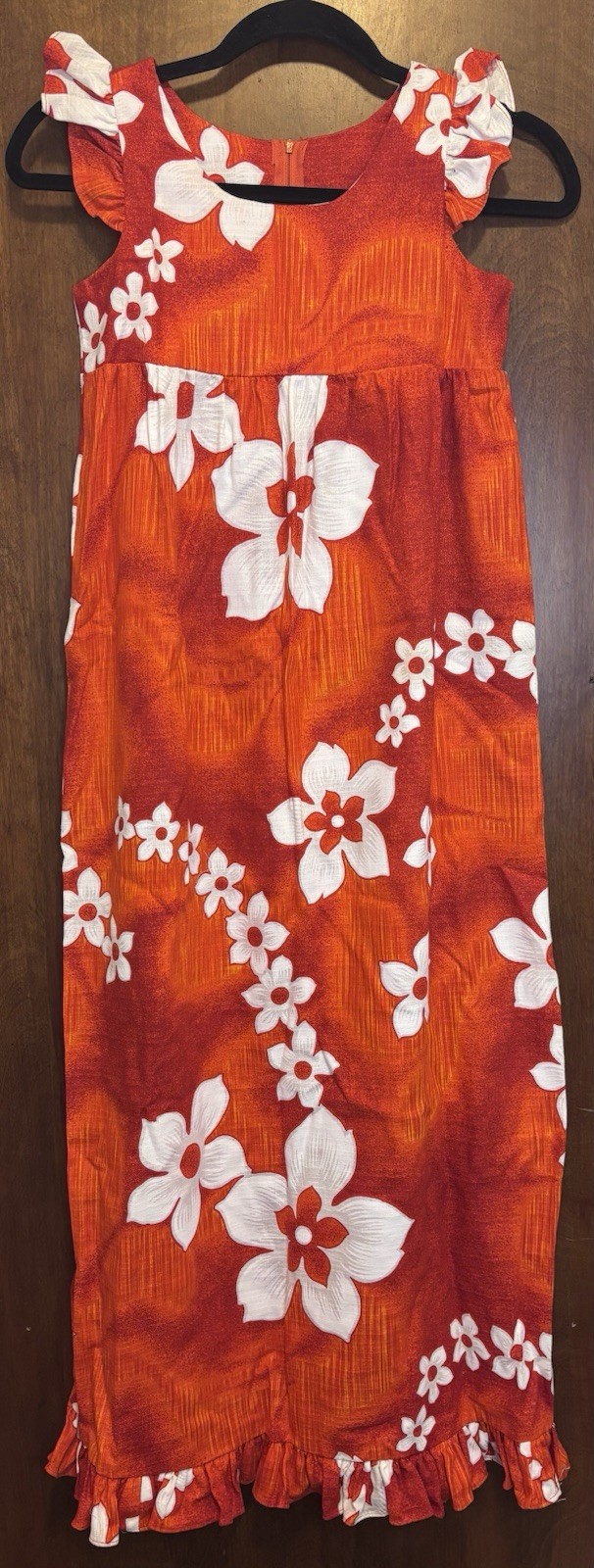 Vintage 70s Girls 12 Hawaiian Orange White Floral Maxi Dress Ruffle Sleeves
