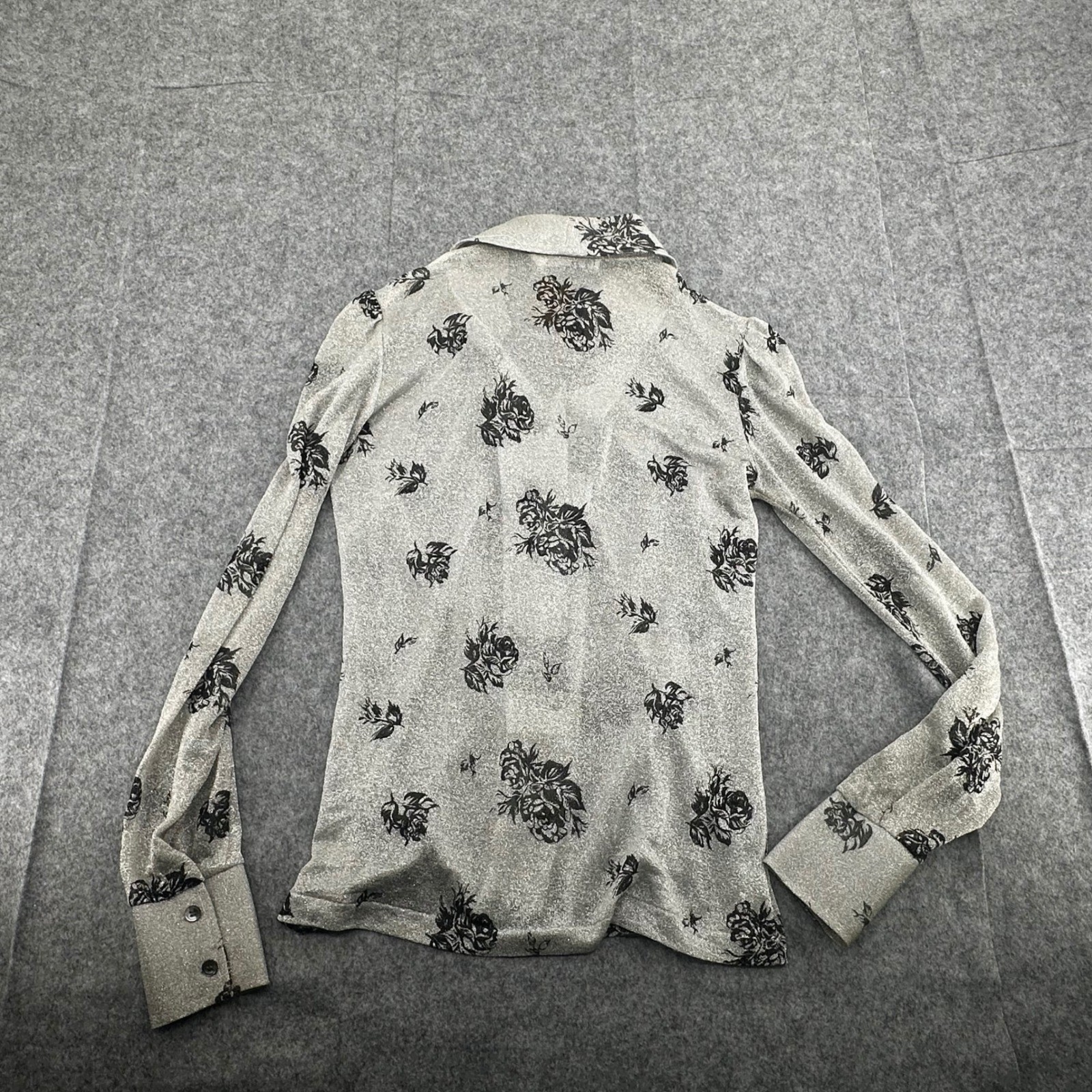 Vintage LeRoy Knitwear Silver Lurex Floral Disco Shirt Dagger Collar Womens M