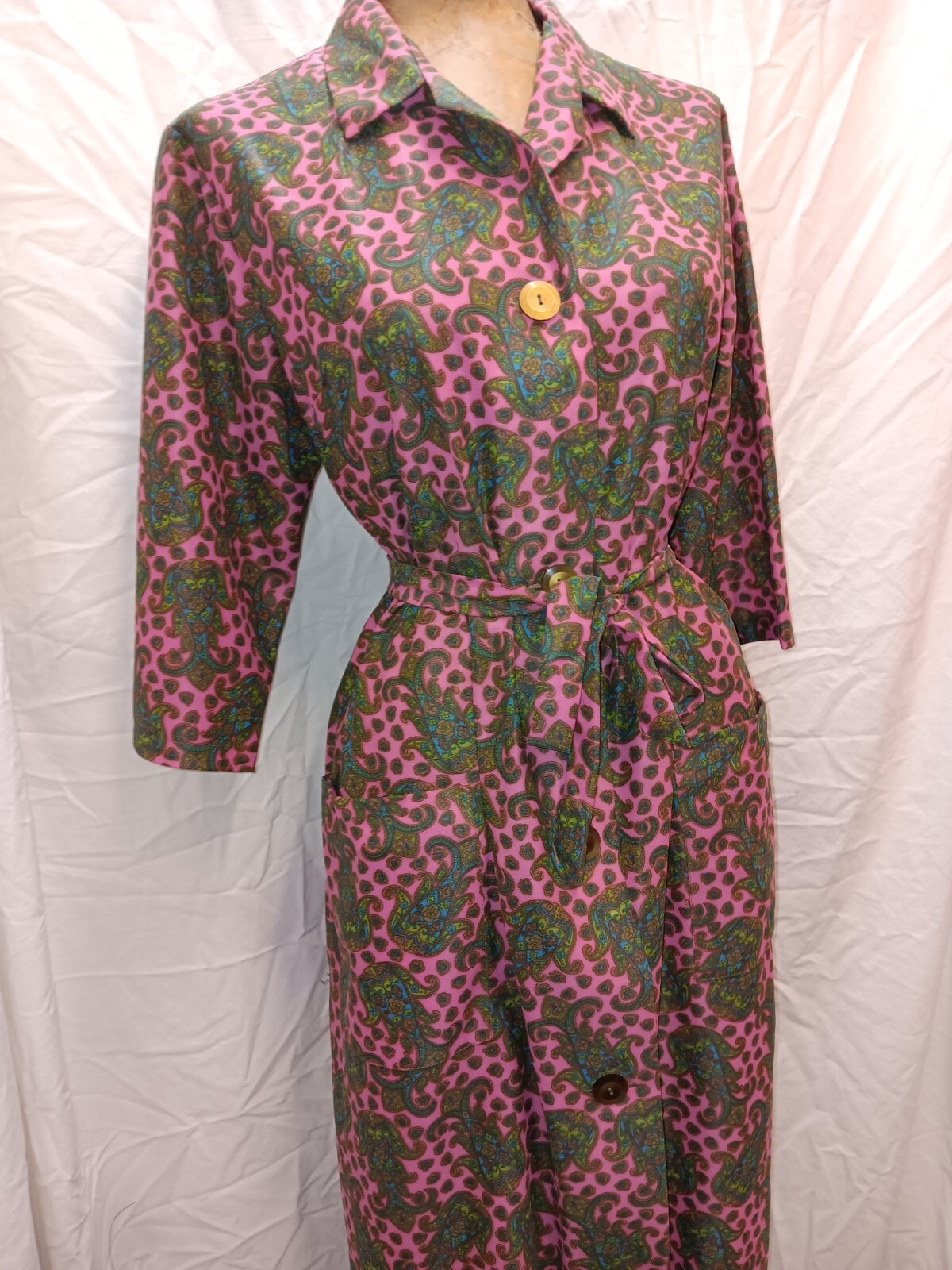 60s Pink Dark Green Blue Paisley Jersey Nylon Button Front Dress by Solida M/L