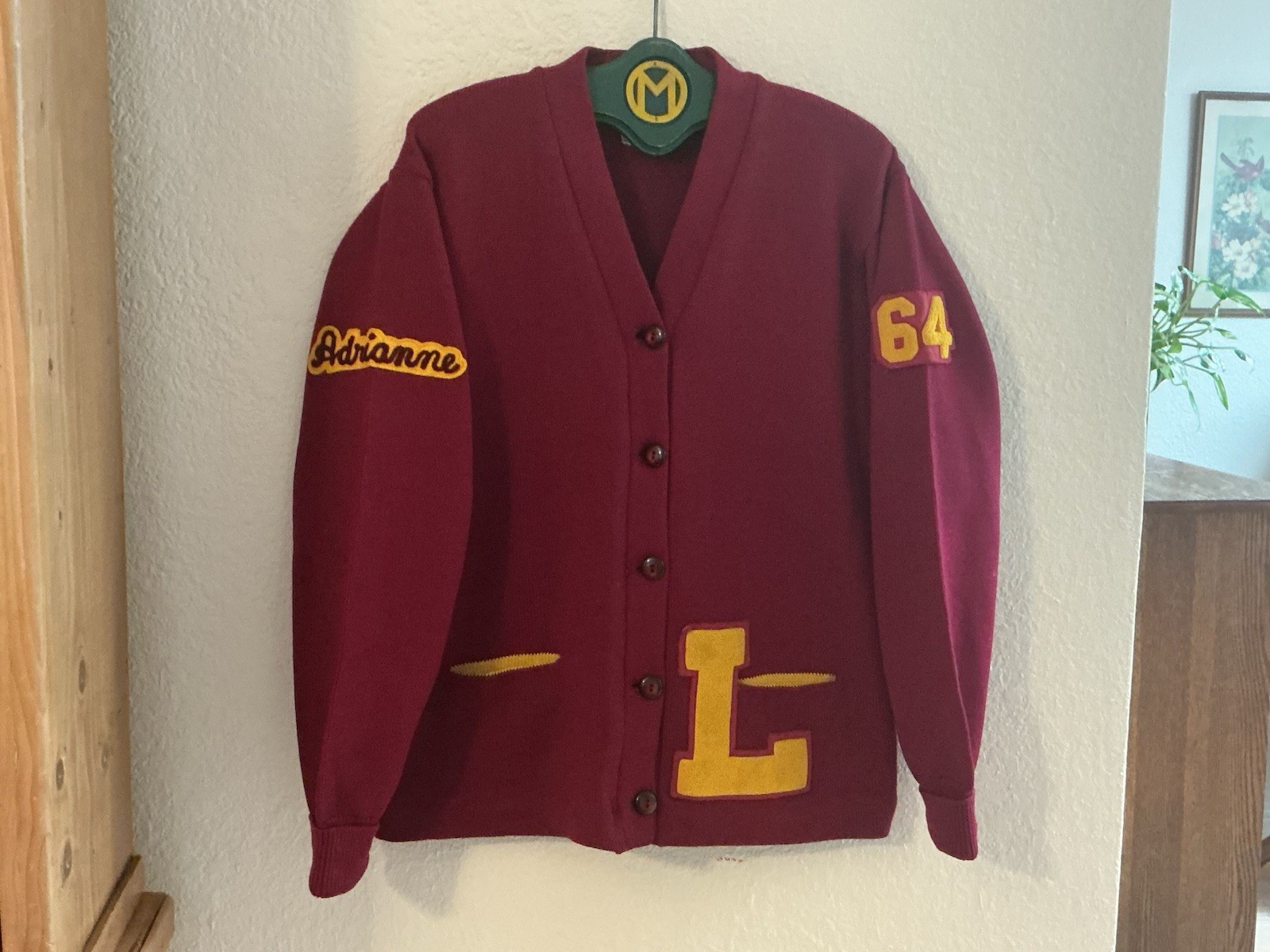 VTG Woman’s Letterman /Cheerleader Sweater Heavy Wool Knit Maroon/Gold 1964